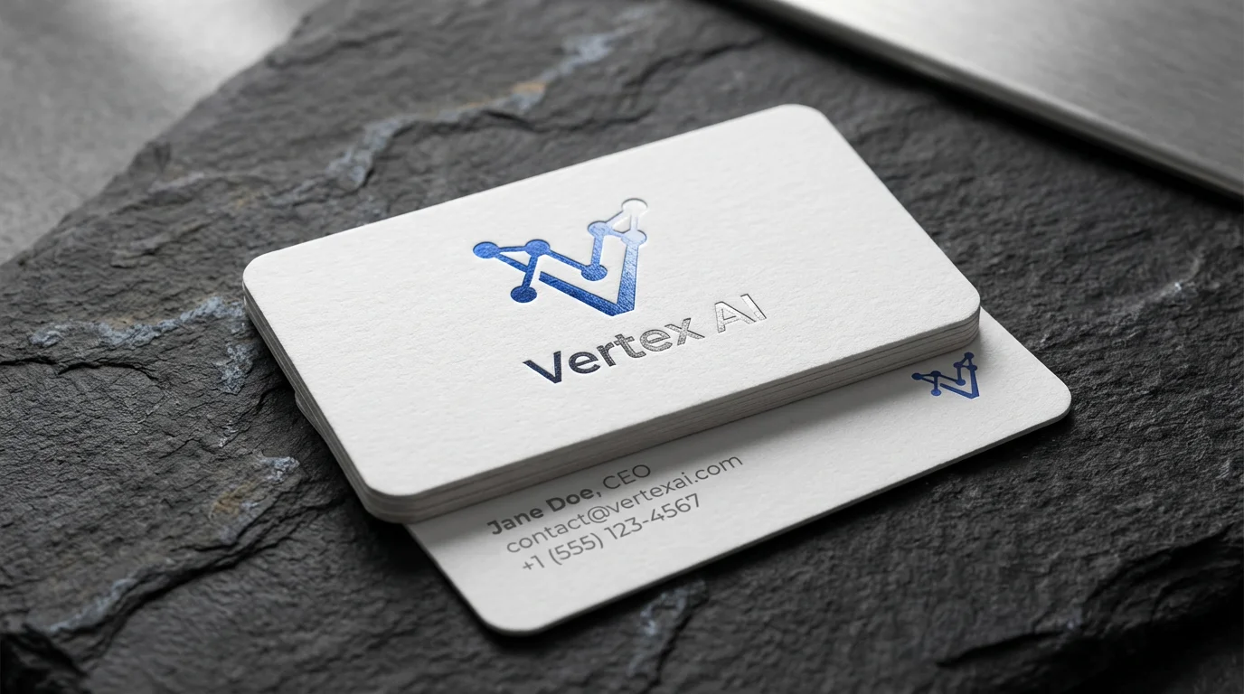 A professional hero image mockup of a modern business card for a tech company called 'Vertex AI', displayed on a dark surface. The card is white with a subtle texture and features a bold blue and silver geometric logo.