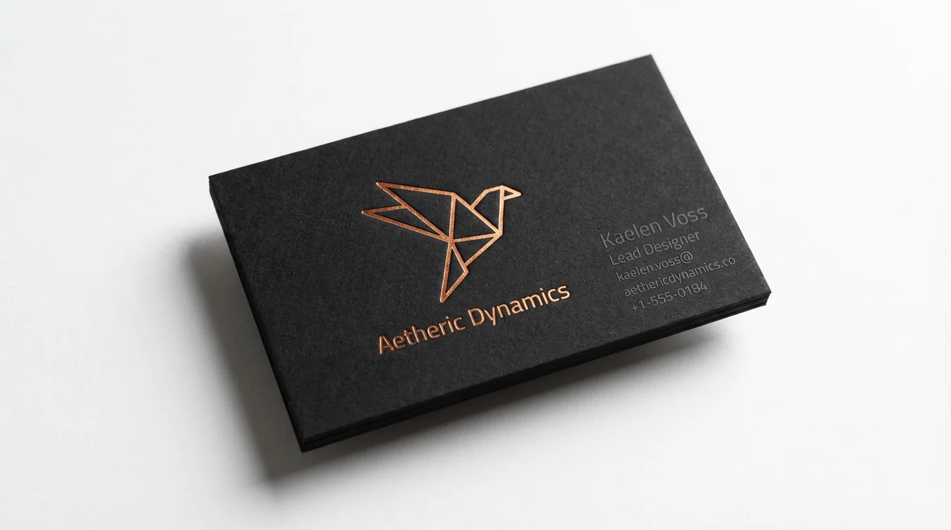A photorealistic mockup of a matte black business card for 'Aetheric Dynamics' featuring a copper foil logo and the name 'Kaelen Voss' as Lead Designer, set against a clean white background.