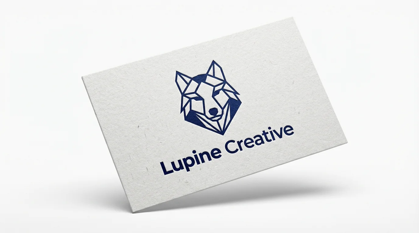 A professional mockup of a single, high-quality business card on a white background, featuring a navy blue geometric wolf logo for the fictional brand 'Lupine Creative'.