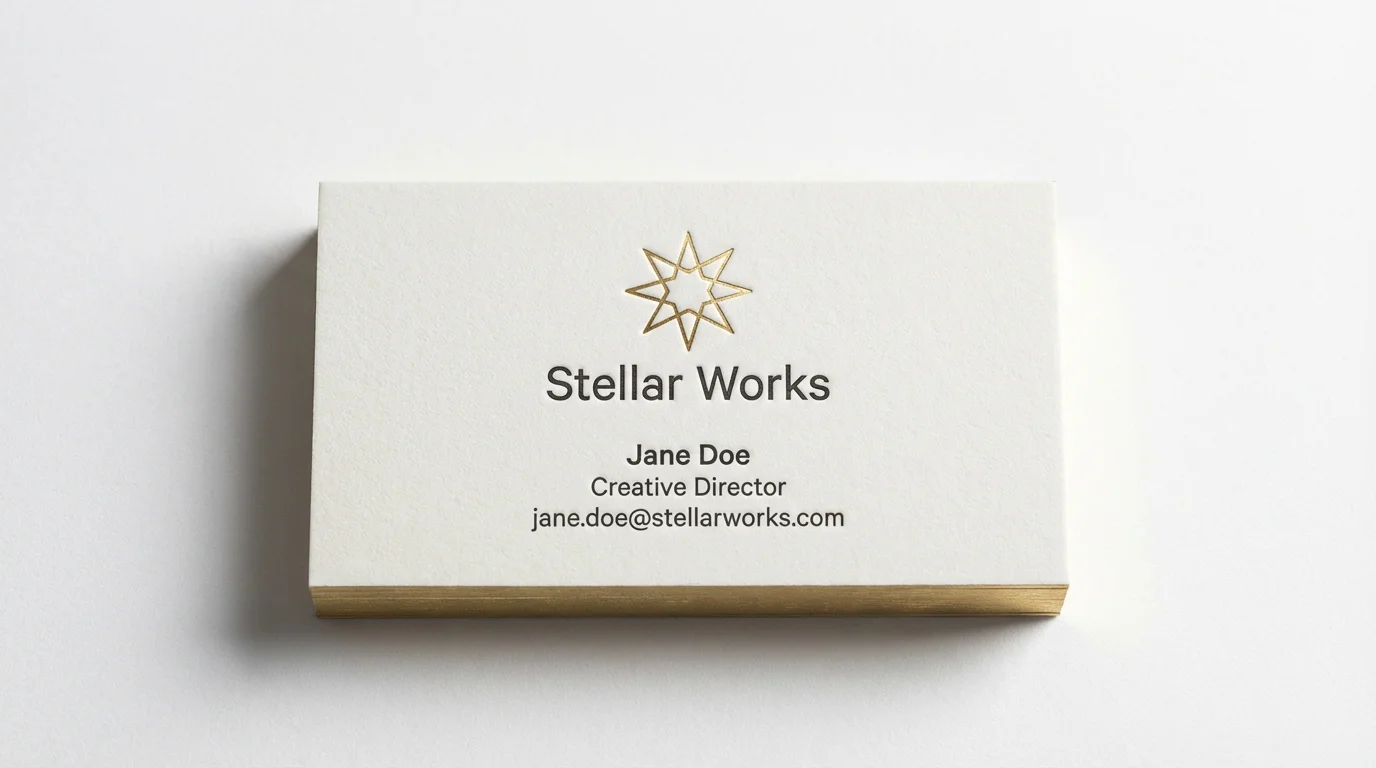 A professional mockup of a white business card with gold edges, featuring a debossed gold foil logo for the company 'Stellar Works' on a clean white background.