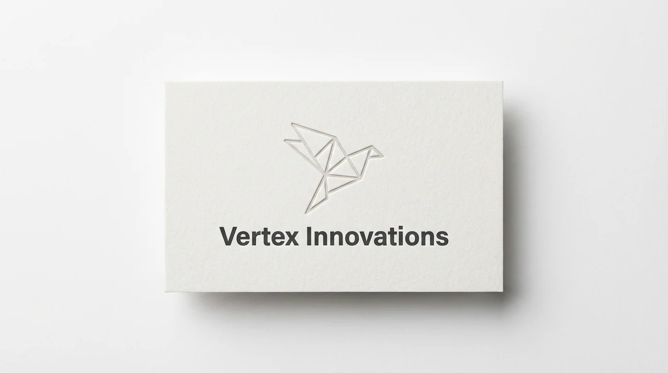 A professional mockup of a single business card with a geometric bird logo for 'Vertex Innovations' on a clean white background, emphasizing a modern and premium design.