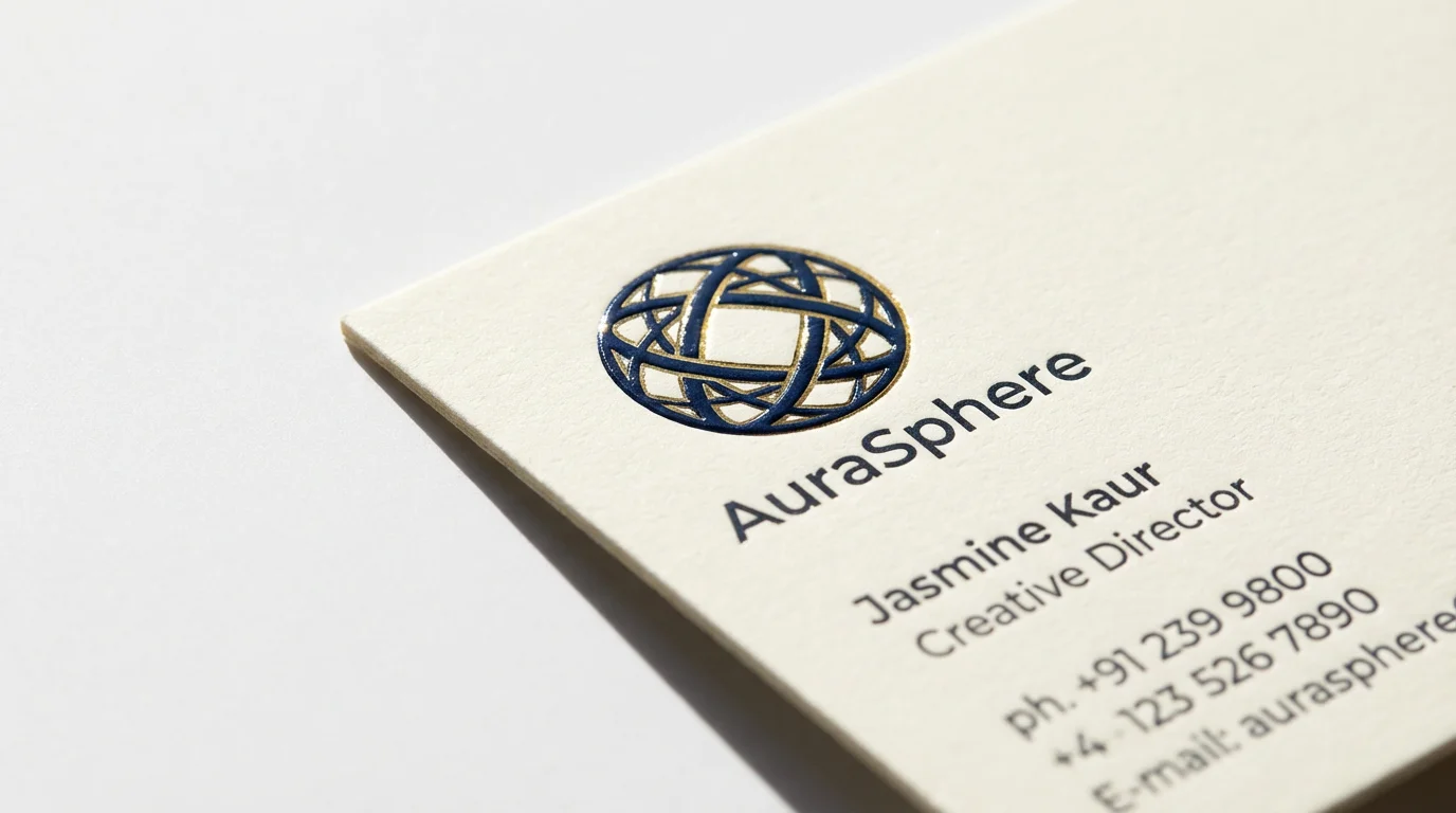 A photorealistic mockup of a modern, minimalist business card for a company called 'AuraSphere'. The card features an embossed logo and is displayed on a clean white surface.