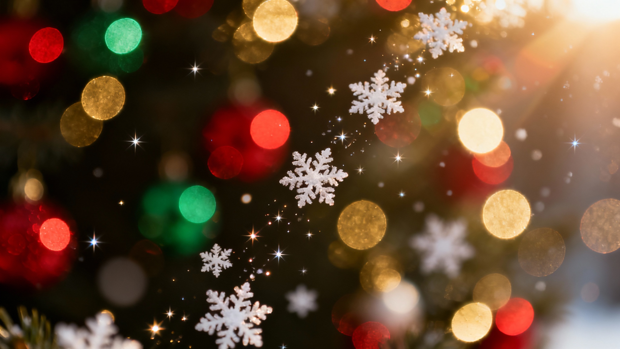 A festive Christmas background with shimmering red, green, and gold bokeh lights, delicate snowflakes, and twinkling stars on a dark backdrop, creating a warm and magical holiday atmosphere.