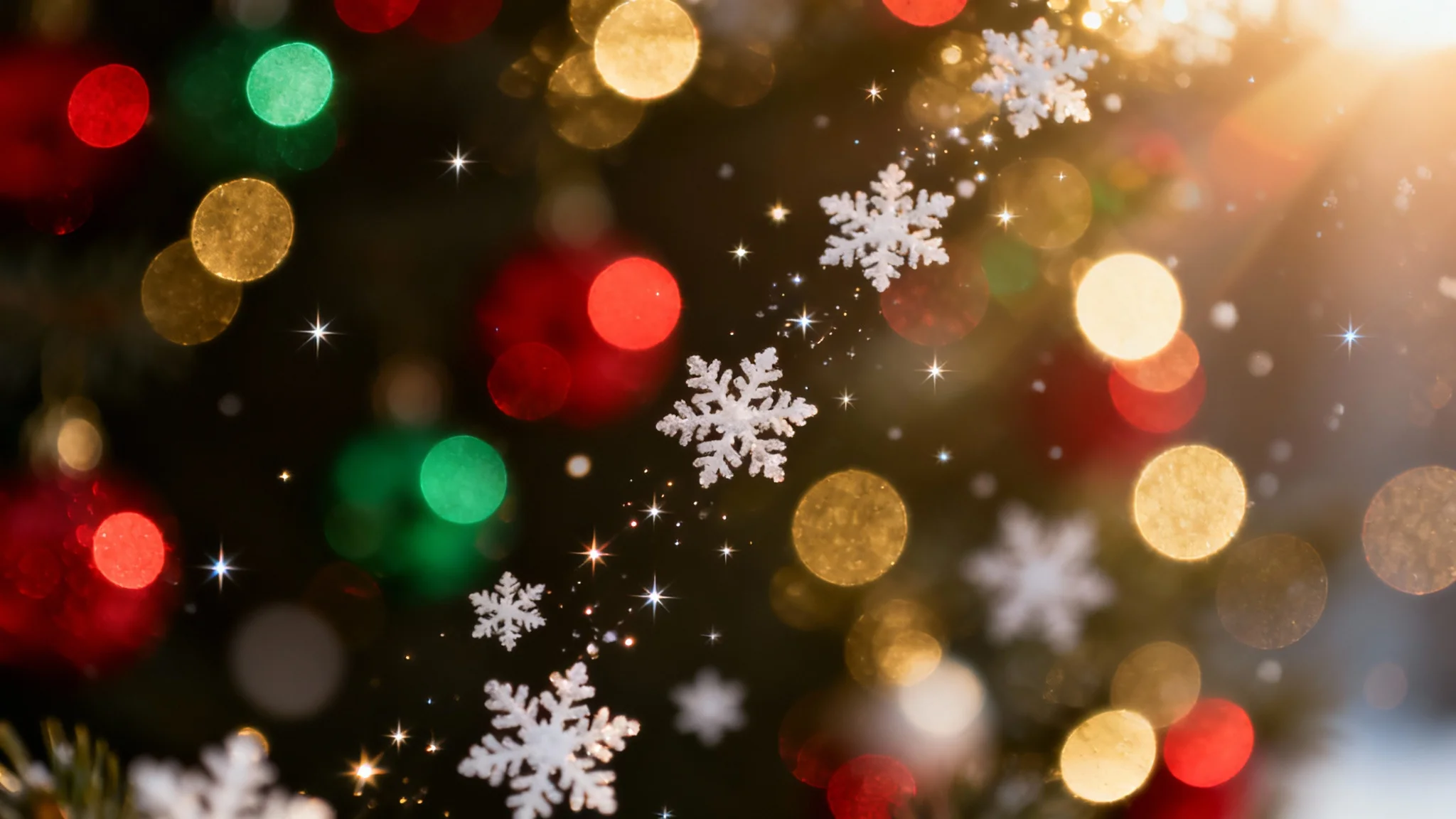 A festive Christmas background with shimmering red, green, and gold bokeh lights, delicate snowflakes, and twinkling stars on a dark backdrop, creating a warm and magical holiday atmosphere.