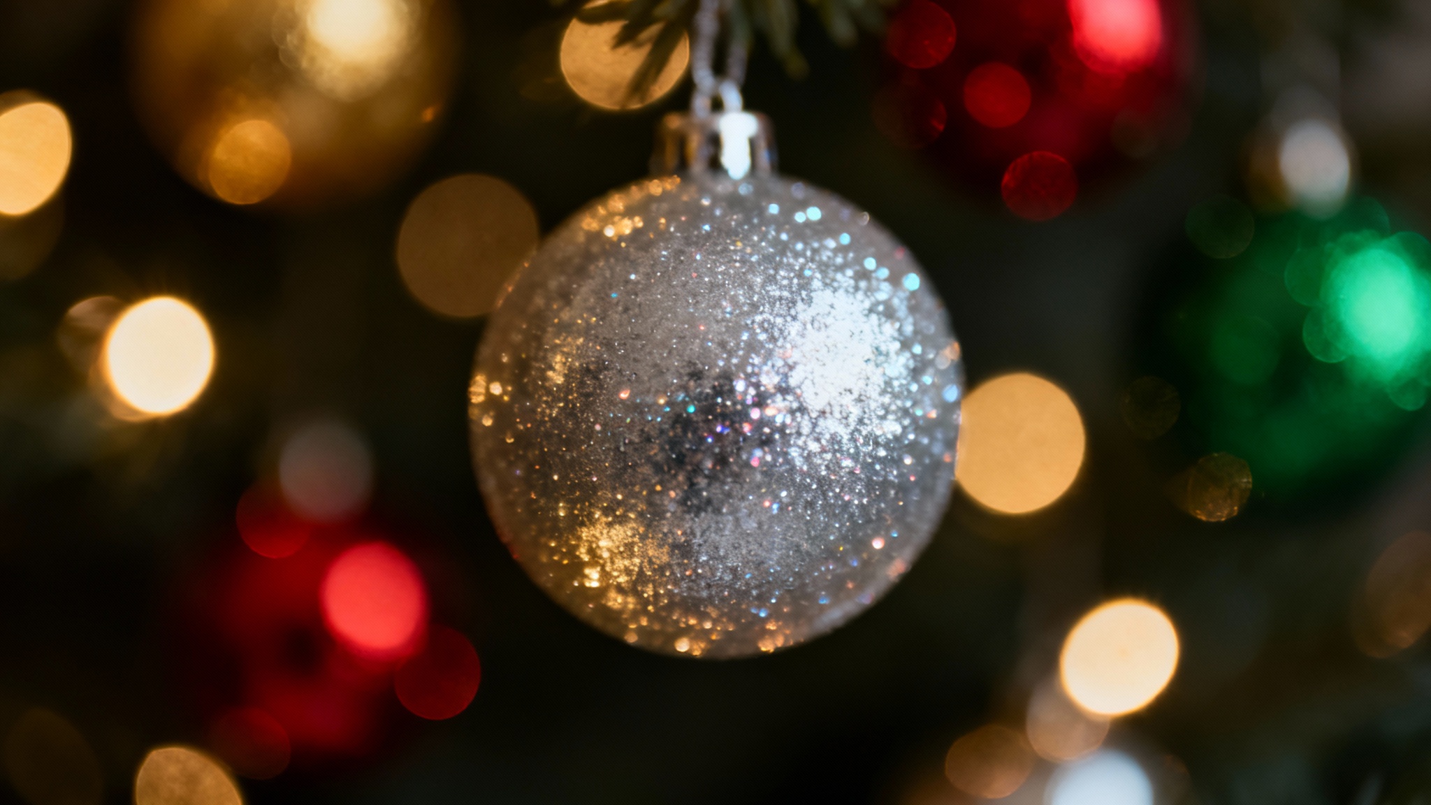 An elegant Christmas background featuring a beautiful out-of-focus bokeh effect with glowing red, gold, and green lights.