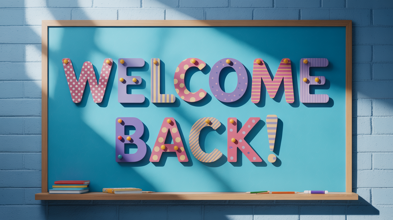 A close-up of a classroom bulletin board with colorful, printed and cut-out letters spelling 'WELCOME BACK!'. Each letter has a fun pattern, and they are pinned to a light blue background, creating a cheerful and welcoming display.