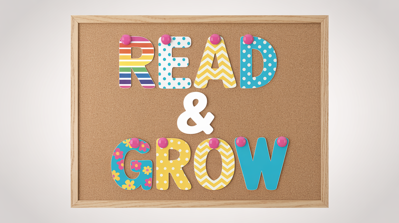 A mockup of colorful, patterned printable letters spelling 'READ & GROW' pinned to a cork bulletin board, set against a plain white background.