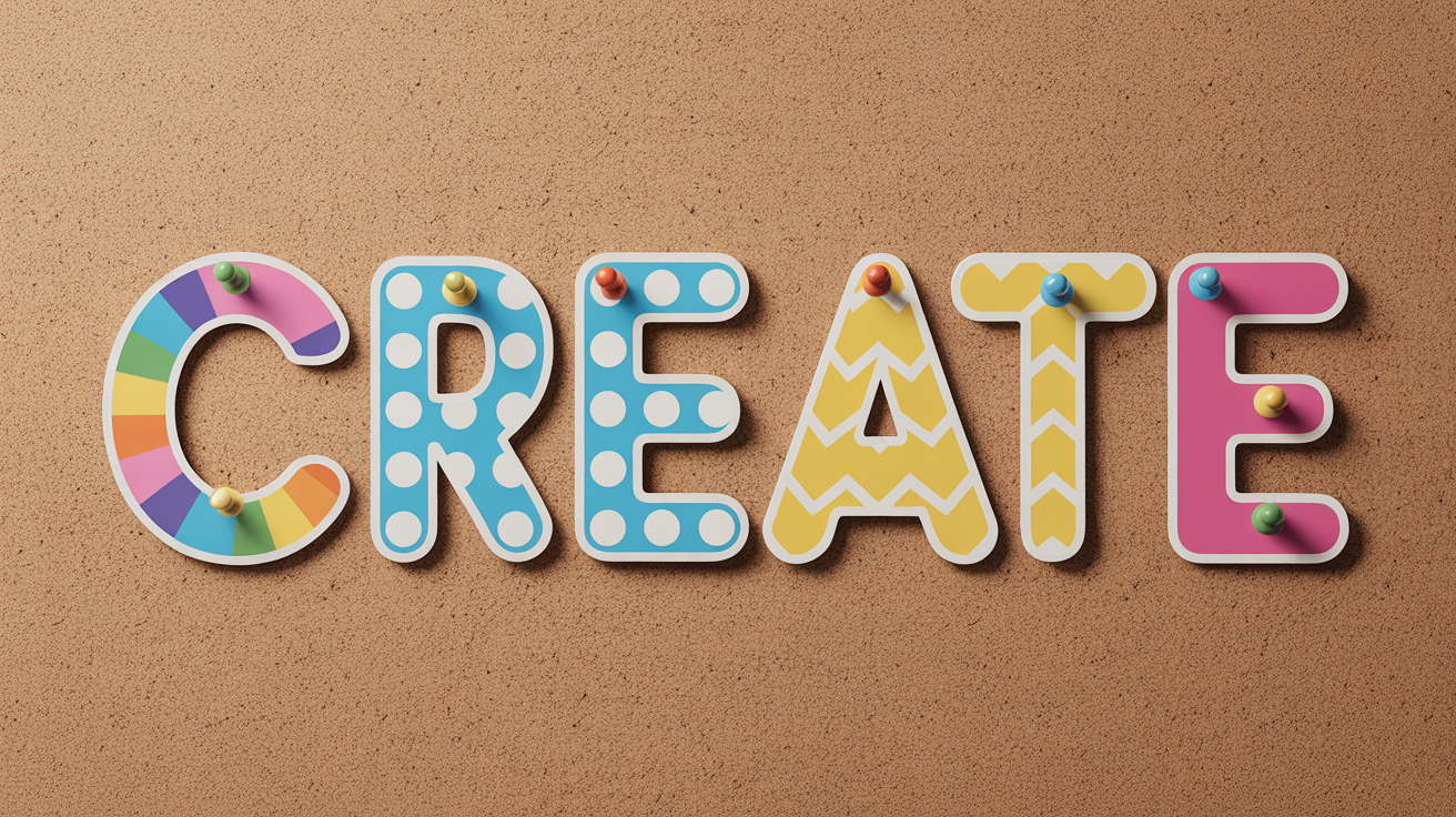 A mockup of printable bulletin board letters spelling 'CREATE' pinned to a corkboard, showcasing different colorful patterns on each letter, set against a plain white background.