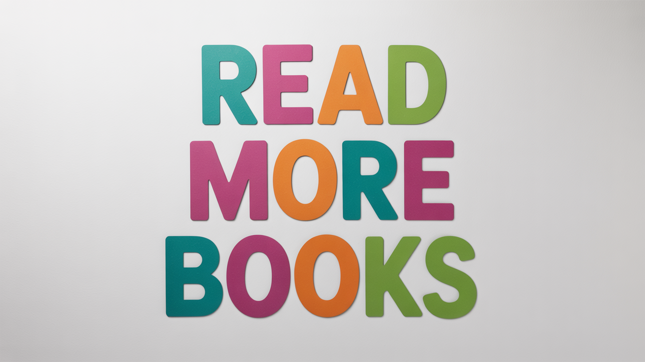 A mockup of brightly colored, printable bulletin board letters spelling out 'READ MORE BOOKS', arranged neatly on a white background.