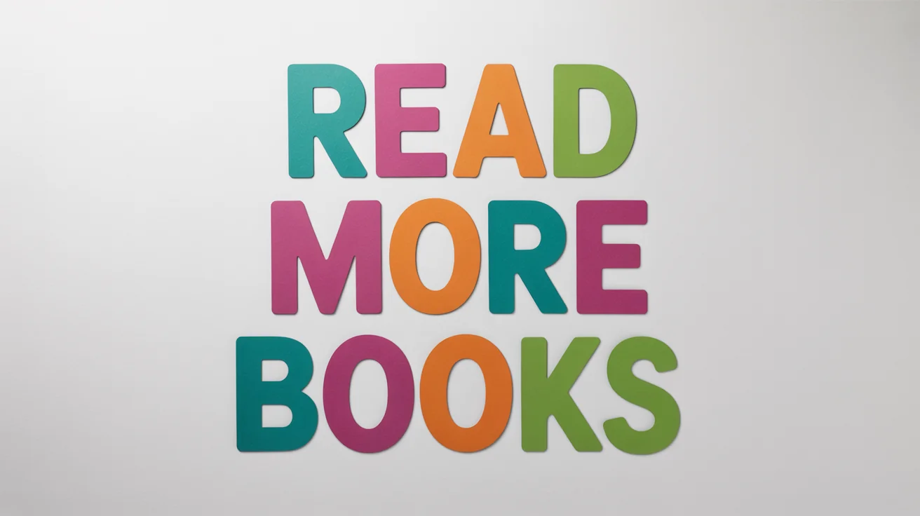 A mockup of brightly colored, printable bulletin board letters spelling out 'READ MORE BOOKS', arranged neatly on a white background.