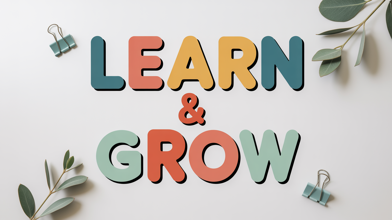 A mockup of colorful printable bulletin board letters spelling out 'LEARN & GROW', arranged neatly on a clean white background.
