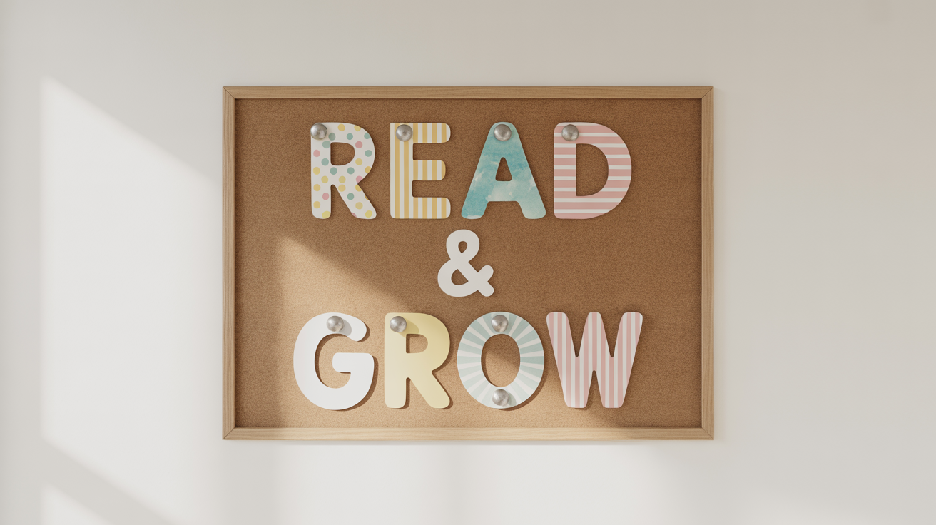 A mockup of a cork bulletin board featuring colorful, patterned, printable letters that spell out 'READ & GROW', pinned against a clean white background.