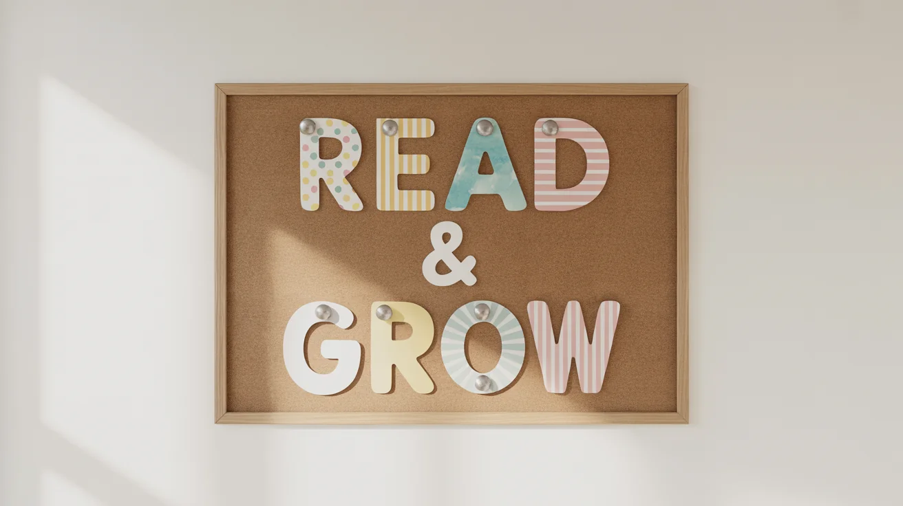 A mockup of a cork bulletin board featuring colorful, patterned, printable letters that spell out 'READ & GROW', pinned against a clean white background.