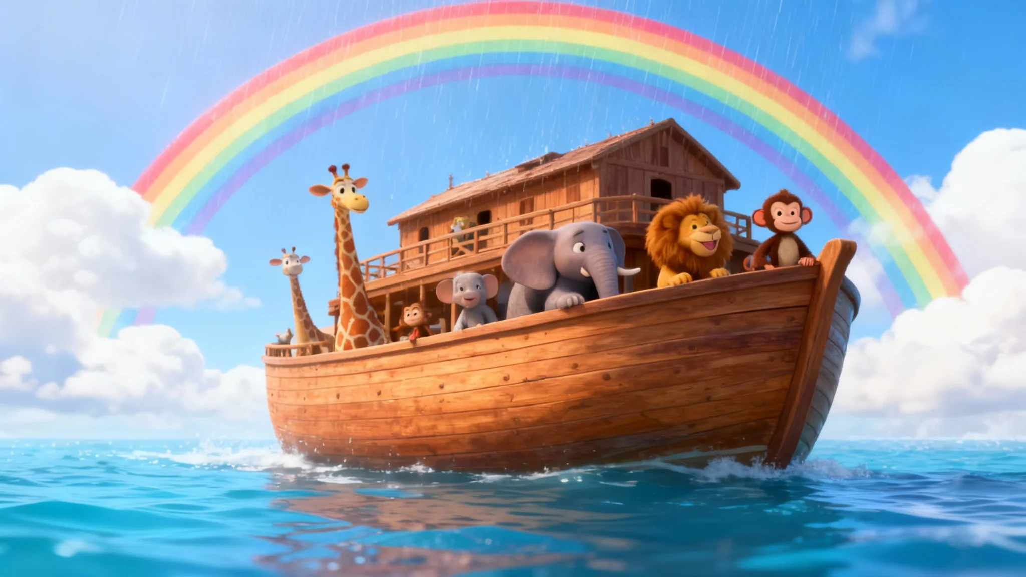 A vibrant 3D animated scene from the biblical story of Noah's Ark, rendered in a friendly, modern cartoon style. A large wooden ark floats on calm blue water, with pairs of happy animals like giraffes and elephants looking out from the deck. A beautiful, bright rainbow stretches across the sky above.