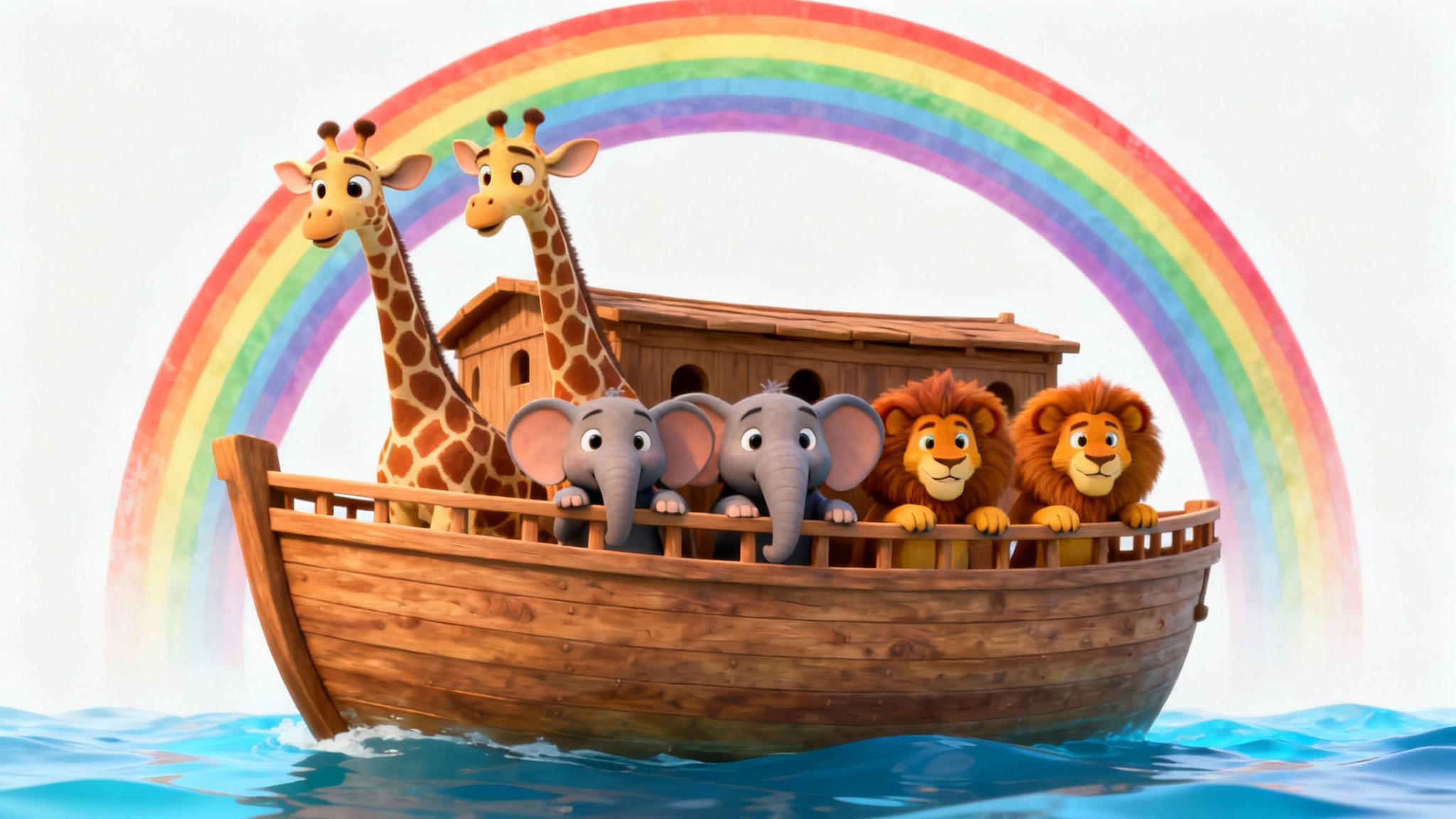 A colorful 3D animation of Noah's Ark, featuring a large wooden boat with pairs of cute, cartoon animals like giraffes and elephants peeking out, set against a white background with a rainbow overhead.
