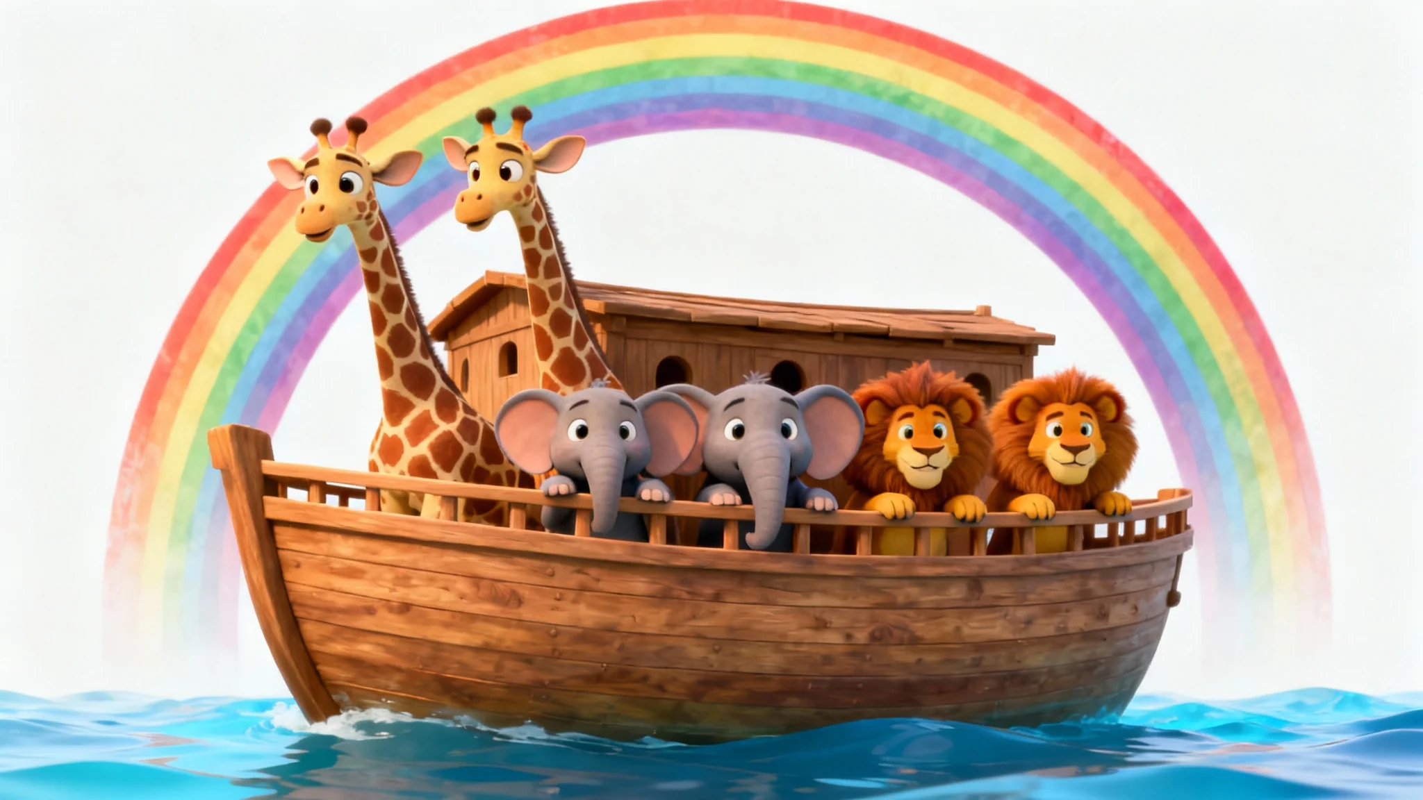 A colorful 3D animation of Noah's Ark, featuring a large wooden boat with pairs of cute, cartoon animals like giraffes and elephants peeking out, set against a white background with a rainbow overhead.