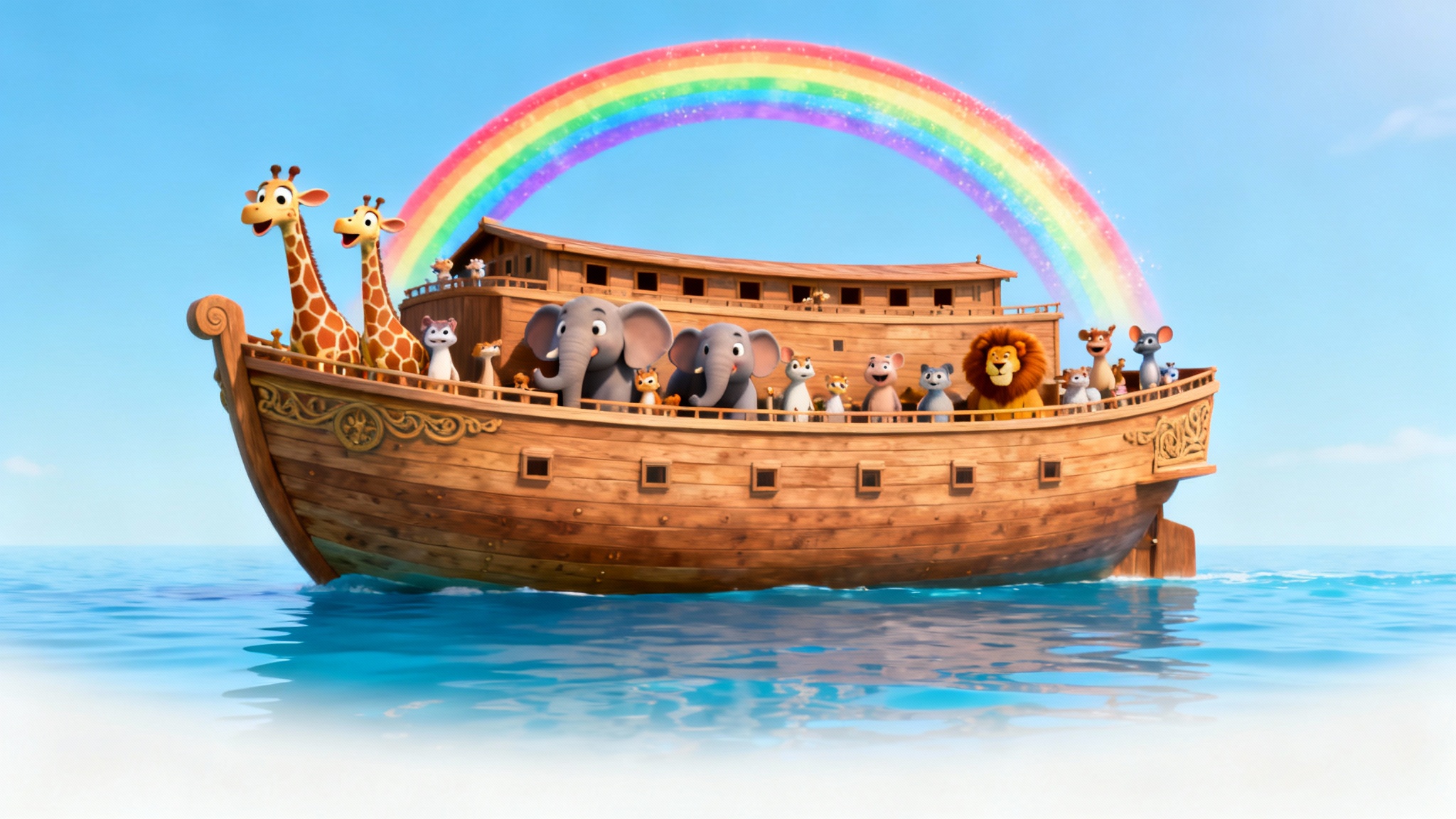 A colorful 3D animated scene of Noah's Ark with pairs of happy animals like giraffes and elephants on its deck, floating on the water with a bright rainbow overhead.