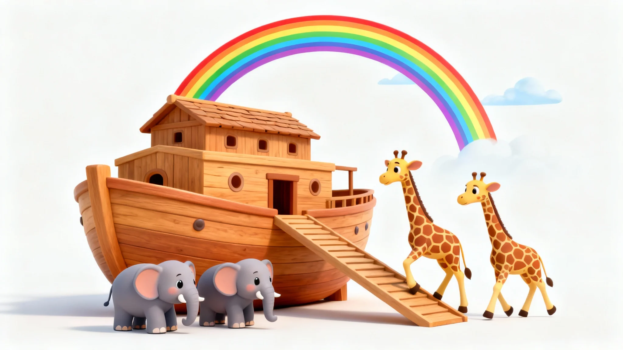 A 3D animated mockup of Noah's Ark for a bible story. Cute cartoon elephants and giraffes walk up the ramp into the ark under a rainbow, all set against a clean white background.