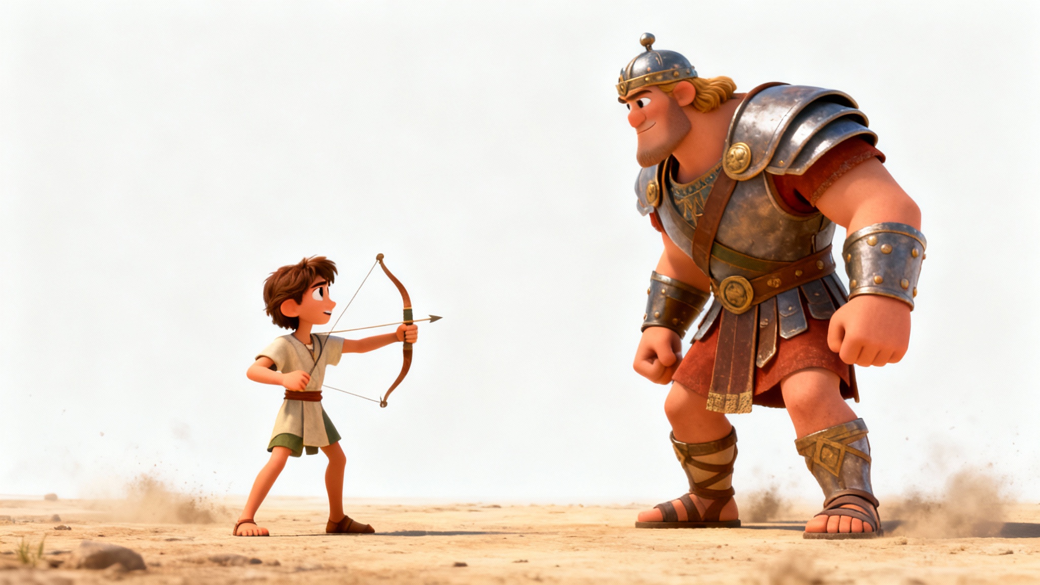 A 3D animated scene from the story of David and Goliath in a modern, family-friendly style. A small, determined David faces a giant Goliath against a clean white background.