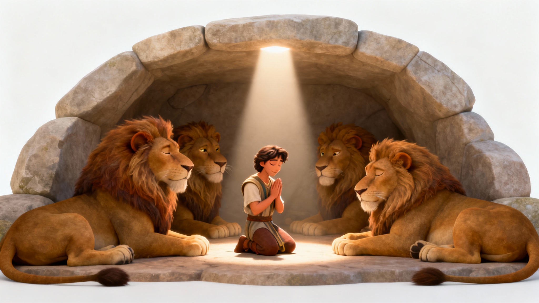 A family-friendly 3D animated bible story scene of Daniel praying peacefully in a den, surrounded by calm and gentle lions, isolated on a white background.
