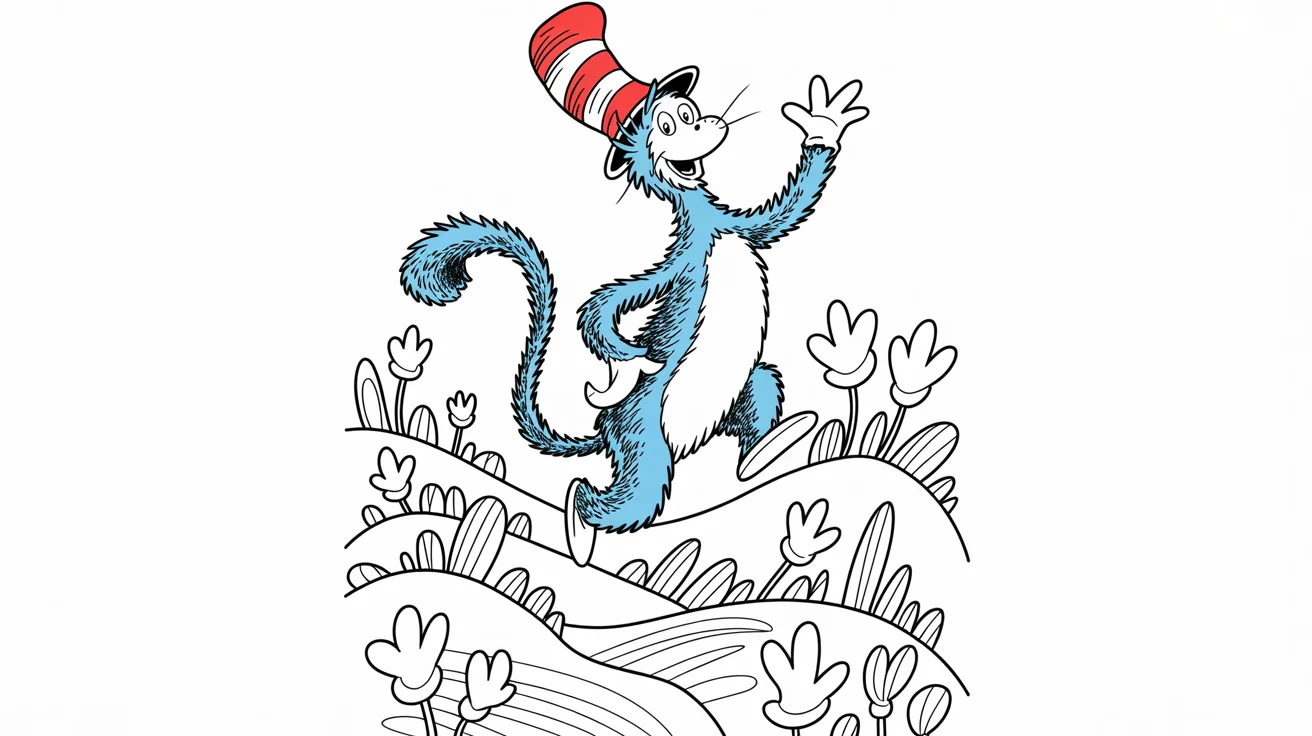 A digital illustration of a tall, fuzzy blue creature with a striped hat, created in the whimsical and iconic art style of Dr. Seuss.