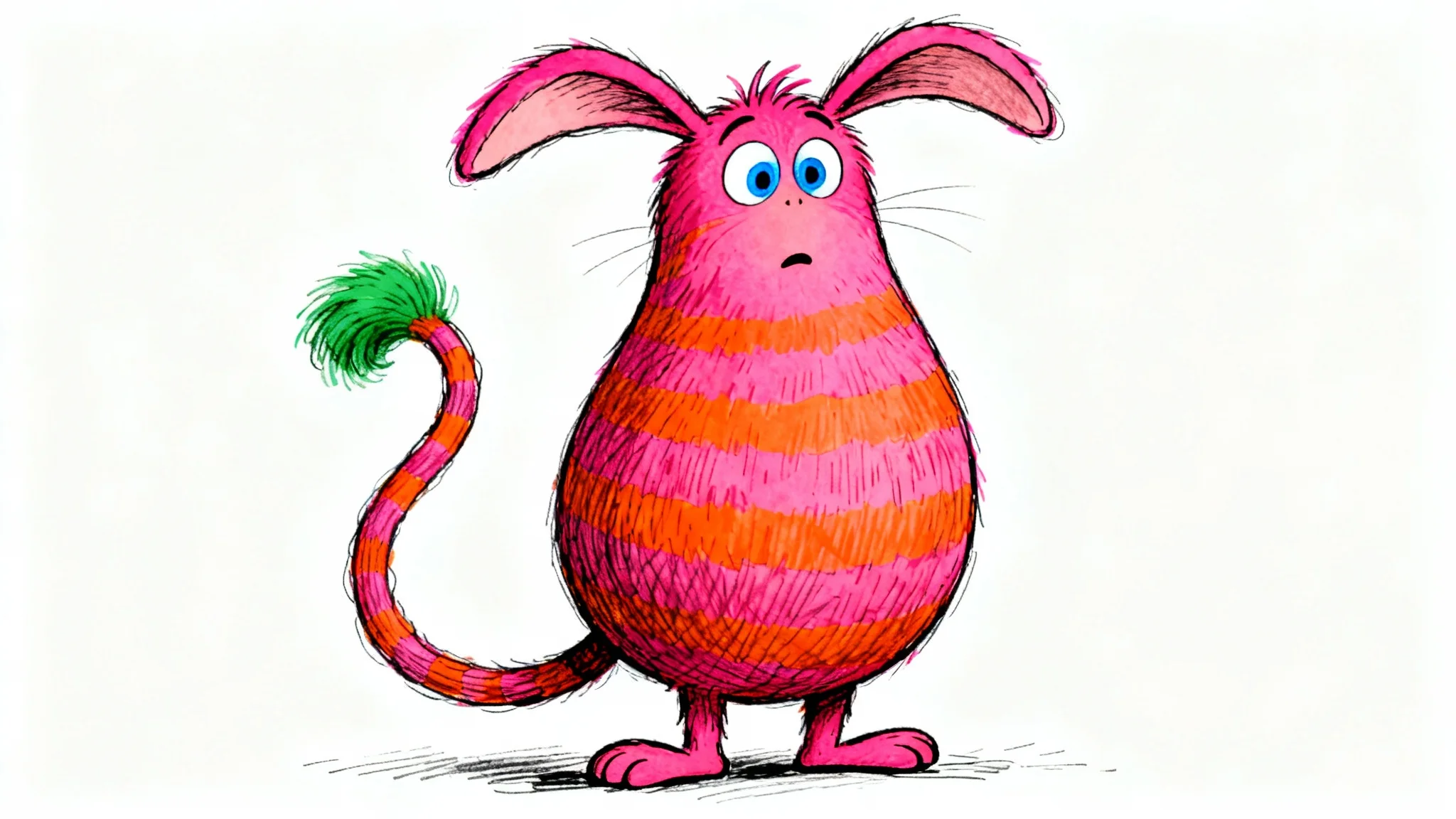 An illustration of a fantastical Dr. Seuss-style character, a tall, pear-shaped creature with pink and orange striped fur and large blue eyes, standing against a plain white background.