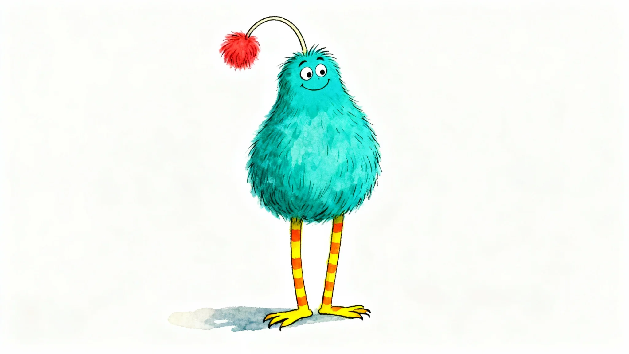 An illustration of a whimsical, Dr. Seuss-style creature with turquoise fur, long striped legs, and a single antenna with a red tuft, standing against a white background.