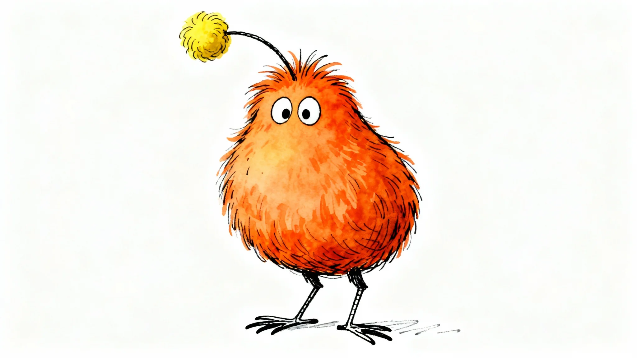 A colorful illustration of a whimsical creature created in the style of Dr. Seuss. The orange, furry character has big eyes and stands on two thin legs against a stark white background.