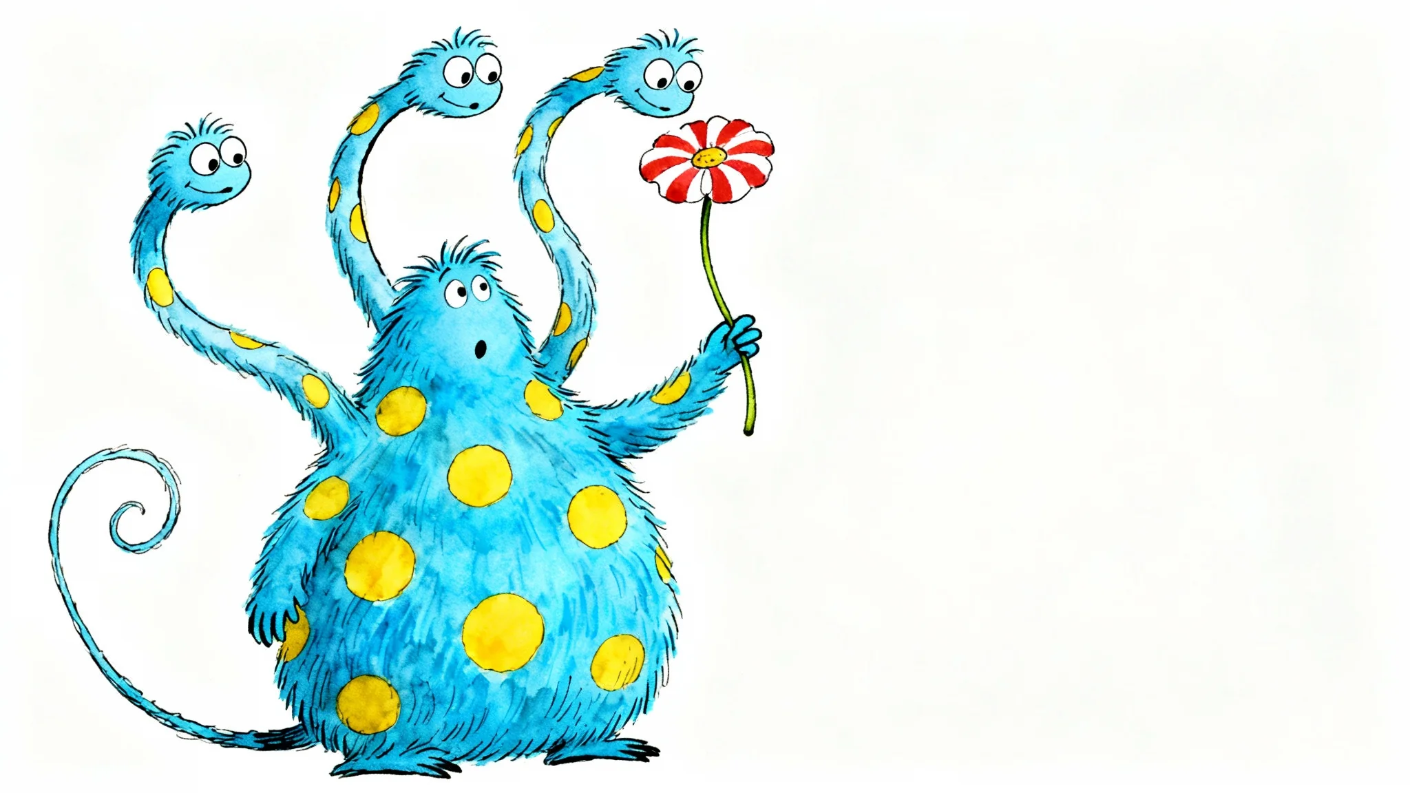A whimsical, Dr. Seuss-style creature with long, looping necks, blue fur with yellow spots, holding a fantastical flower, depicted in a classic storybook illustration style against a white background.