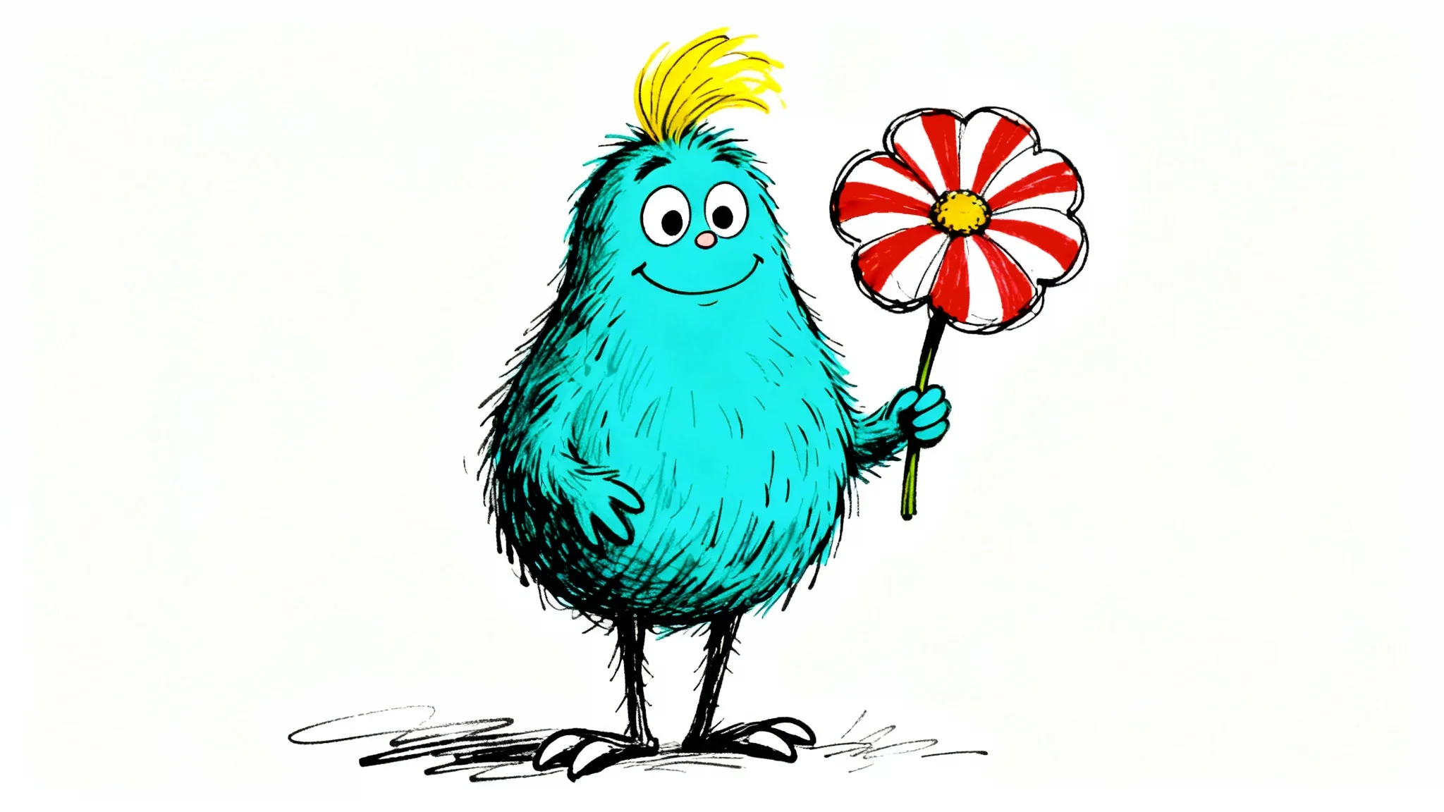 A whimsical turquoise furry creature with yellow hair, drawn in the style of Dr. Seuss, holding a large red-and-white striped flower against a plain white background.