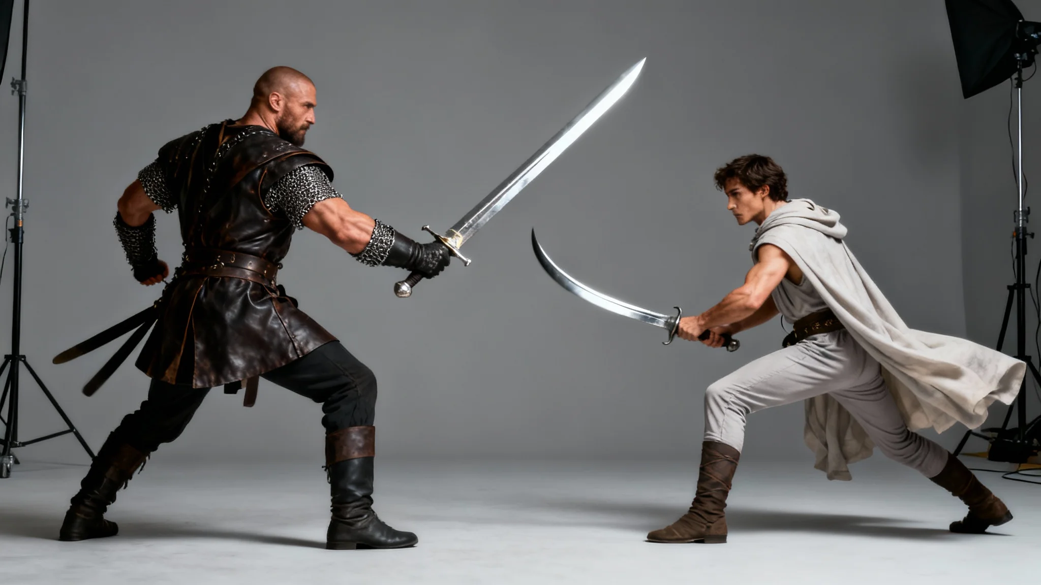 A photorealistic studio photograph showing the final result of a sword fighting pose generator: two warriors, one with a longsword and one with a saber, in a dynamic combat stance against a neutral background.