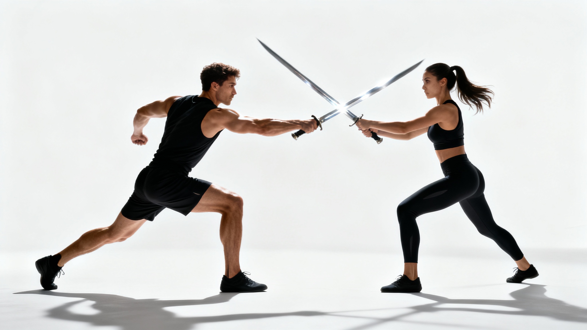 A man and a woman in athletic gear are captured in a dynamic sword fighting pose with longswords, set against a plain white background in a studio setting.