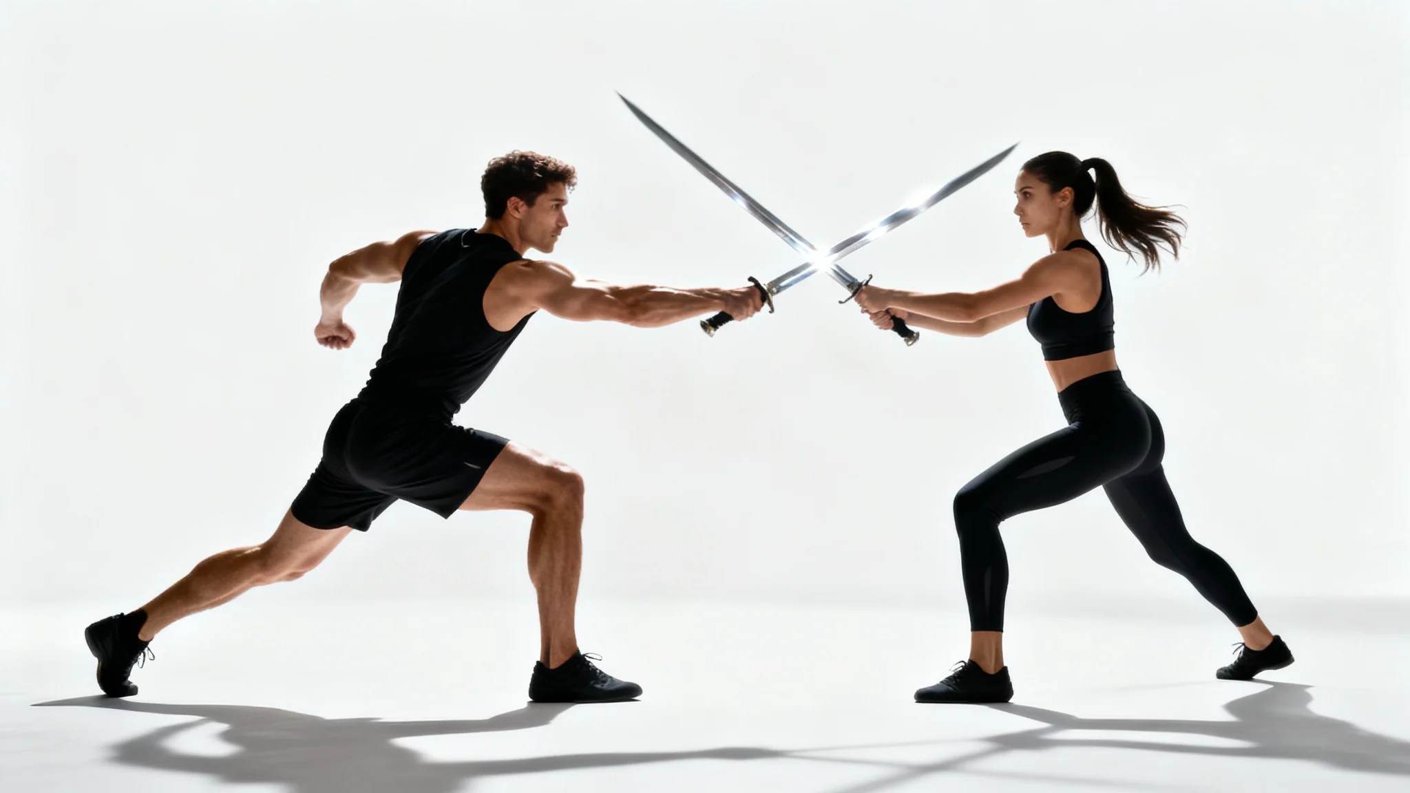A man and a woman in athletic gear are captured in a dynamic sword fighting pose with longswords, set against a plain white background in a studio setting.