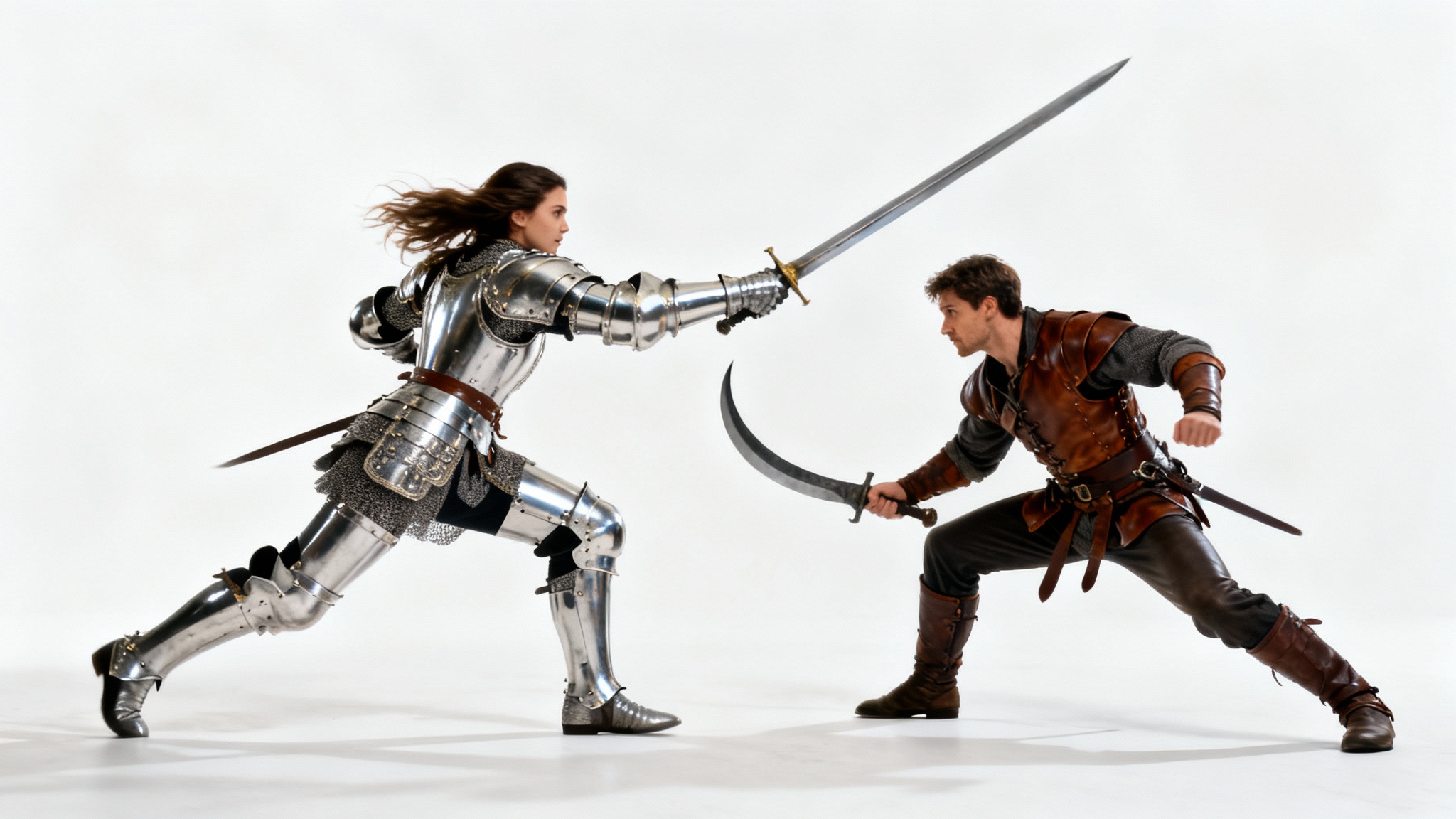 A dynamic, frozen-action shot of two warriors dueling with swords against a white background, highlighting powerful and athletic sword fighting poses.