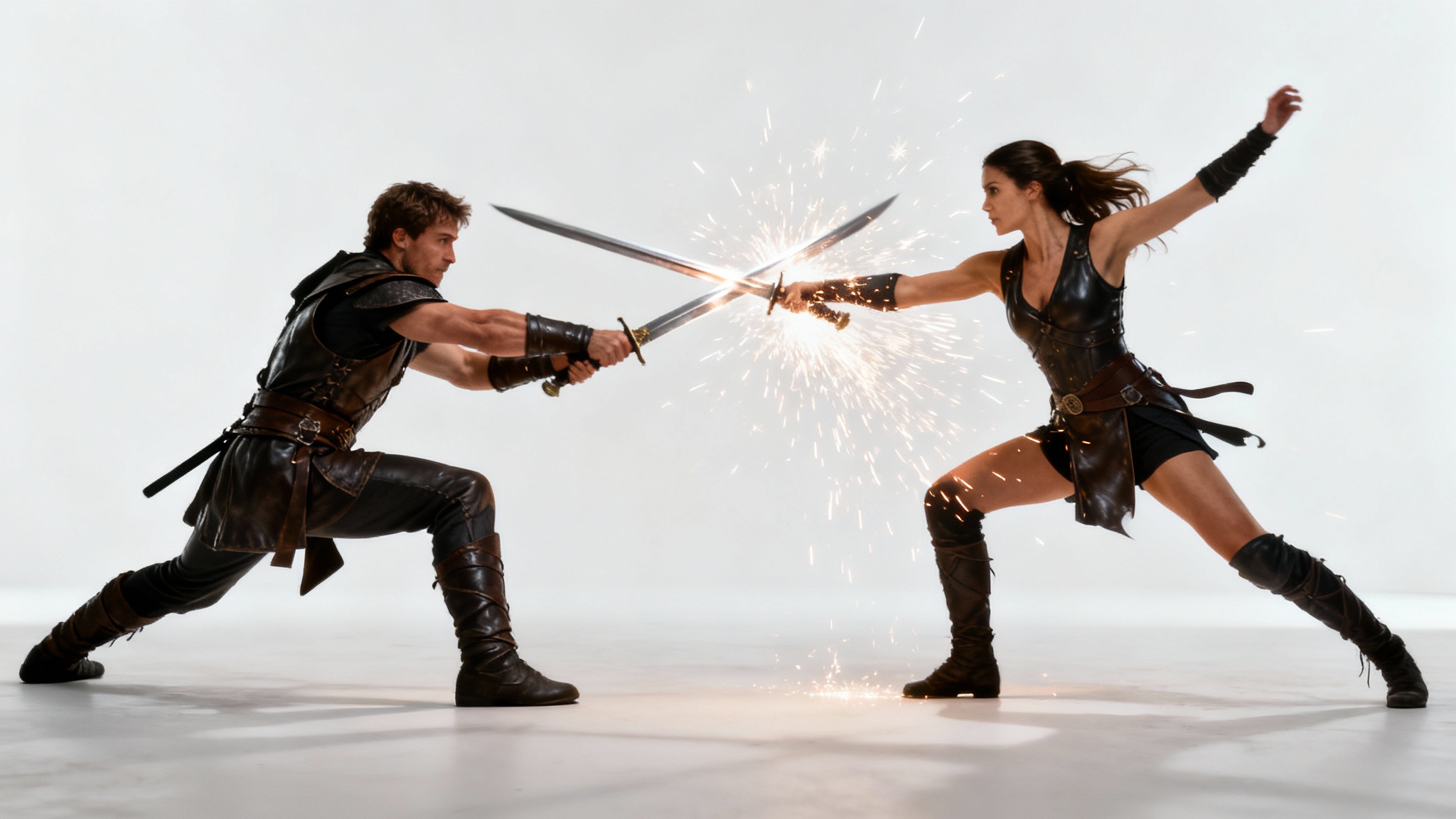 Two fighters, a man and a woman, locked in a dynamic sword fighting pose against a plain white background, their swords clashing with sparks.