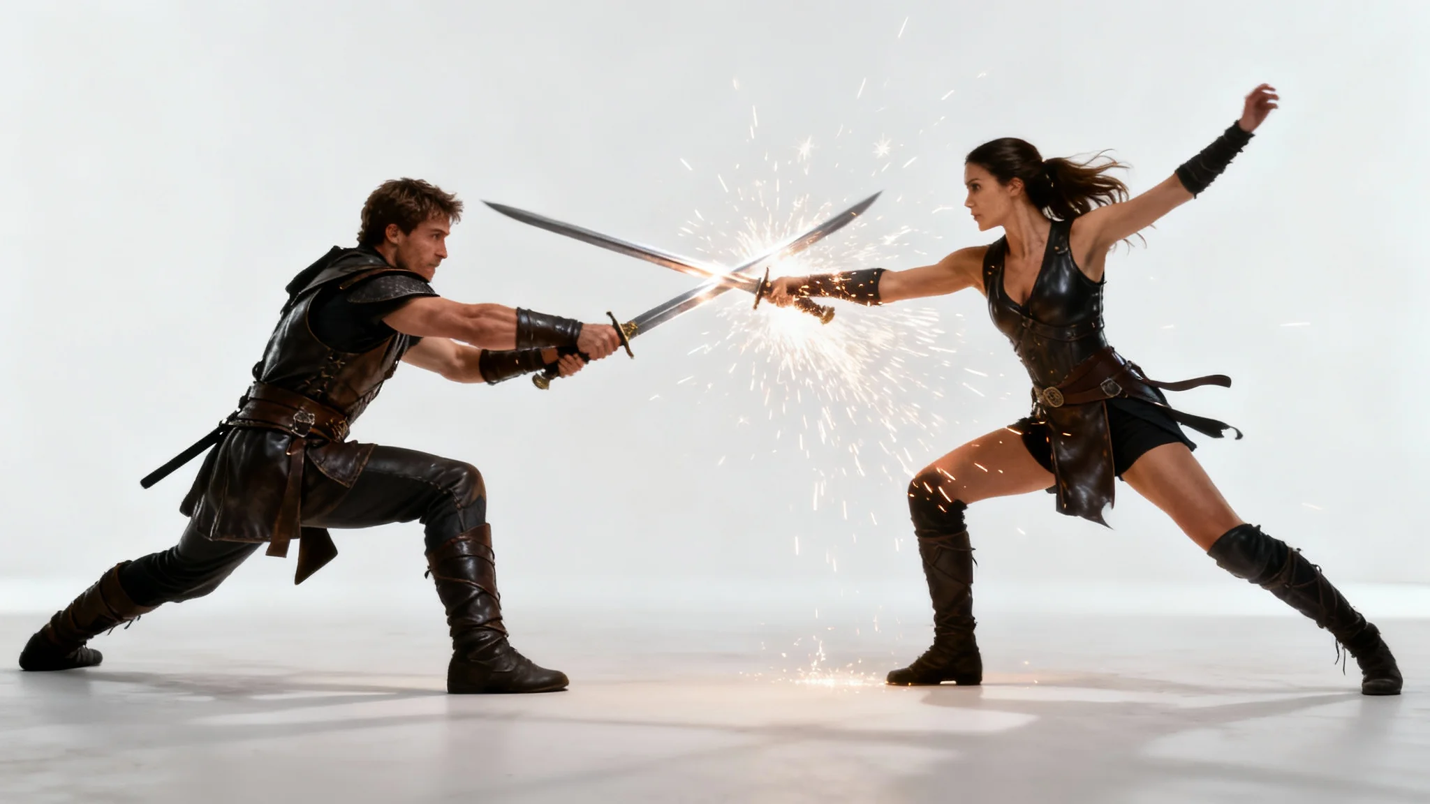 Two fighters, a man and a woman, locked in a dynamic sword fighting pose against a plain white background, their swords clashing with sparks.
