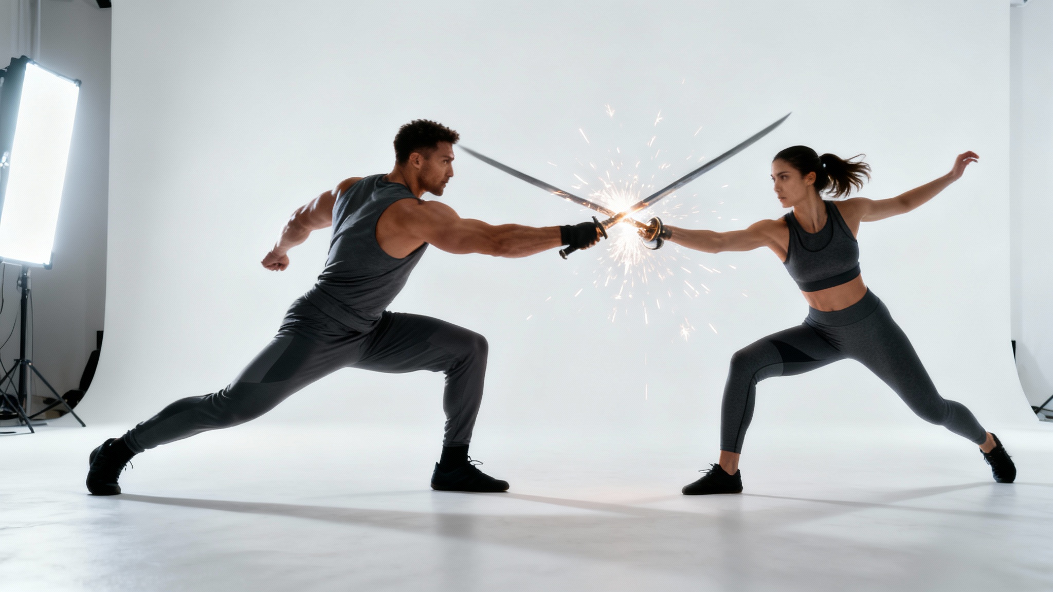 A man and a woman in athletic wear engaged in a dynamic sword fight, their blades clashing with sparks flying, captured in a dramatic action pose against a plain white background.