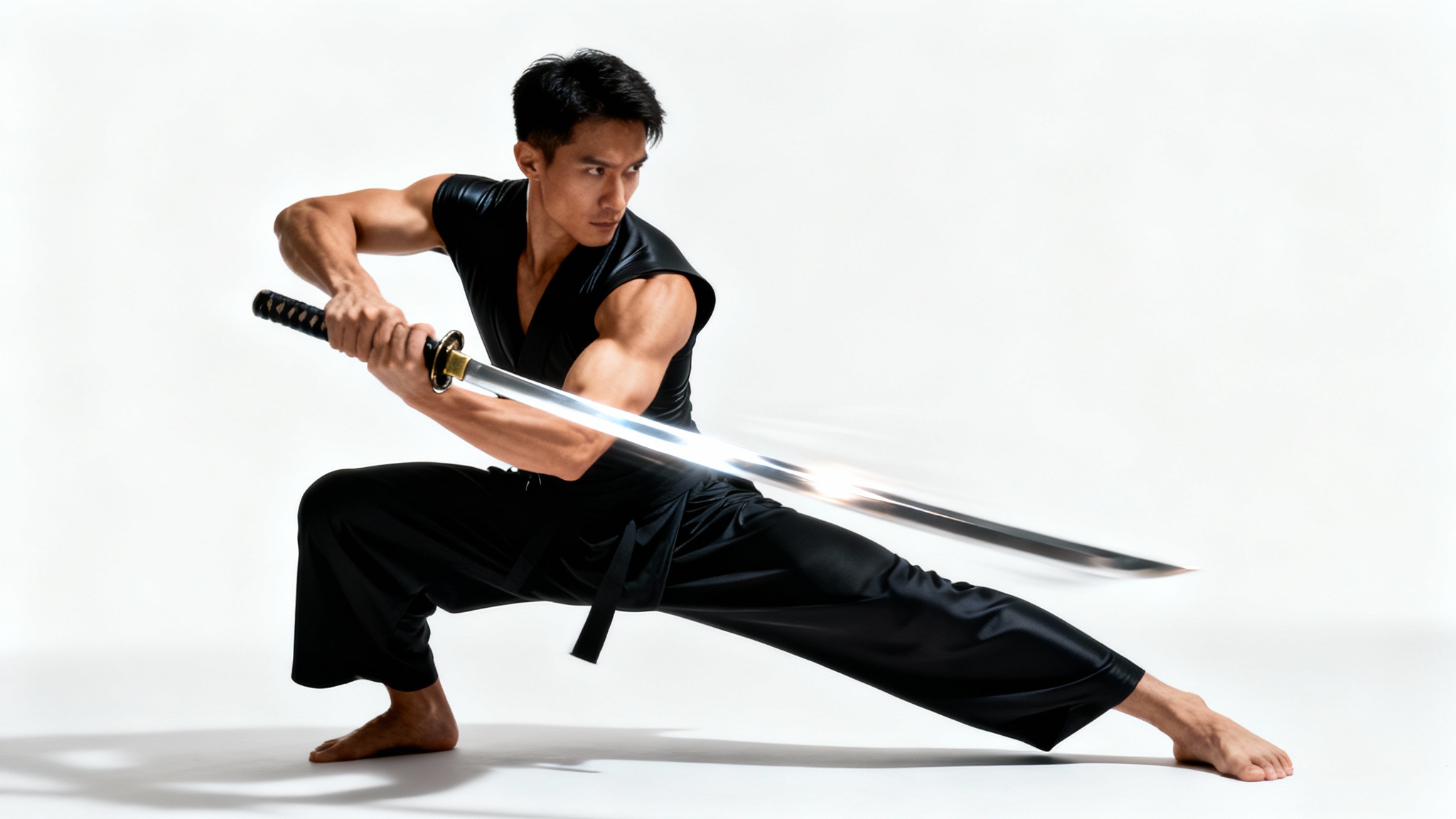A martial artist in a dynamic lunge pose, holding a katana sword against a clean white background, showcasing a sword fighting stance.