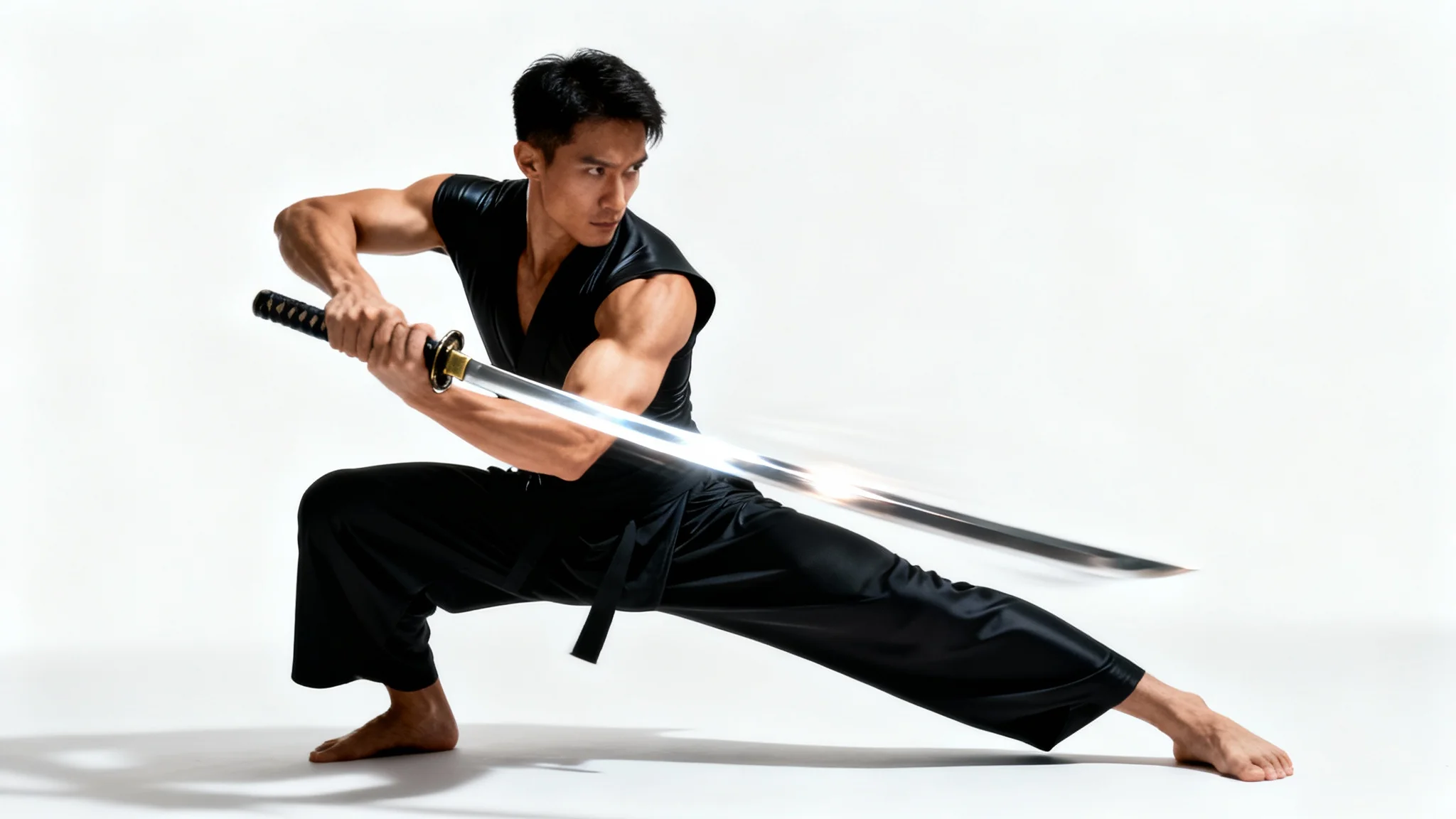 A martial artist in a dynamic lunge pose, holding a katana sword against a clean white background, showcasing a sword fighting stance.