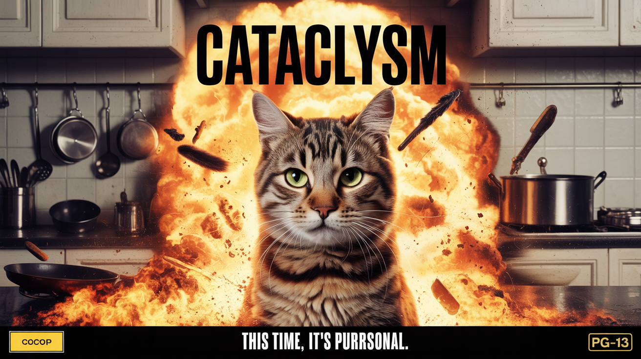 A parody movie poster for a fake action film called "CATACLYSM," featuring a heroic-looking cat in front of a kitchen explosion. The tagline reads, "THIS TIME, IT'S PURRSONAL."