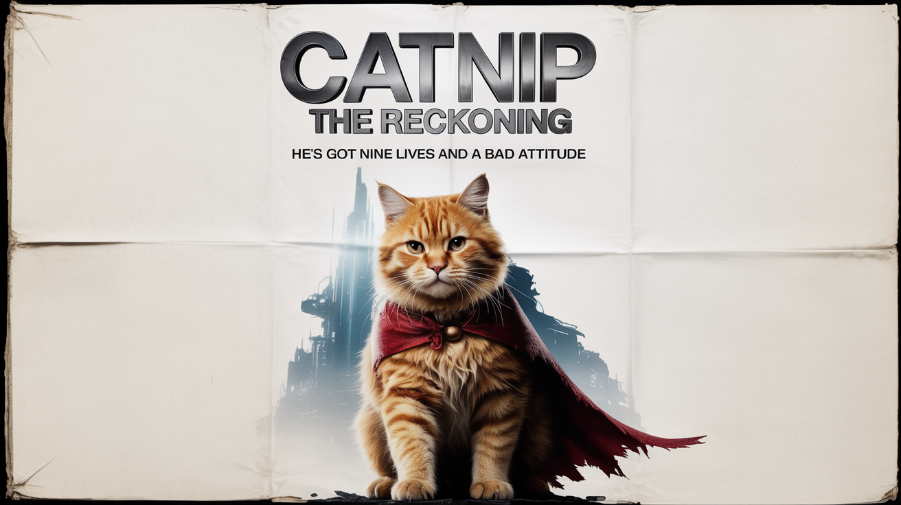 A parody movie poster titled 'Catnip: The Reckoning', featuring a serious-looking orange cat in a red cape. The tagline says 'He's got nine lives and a bad attitude'.