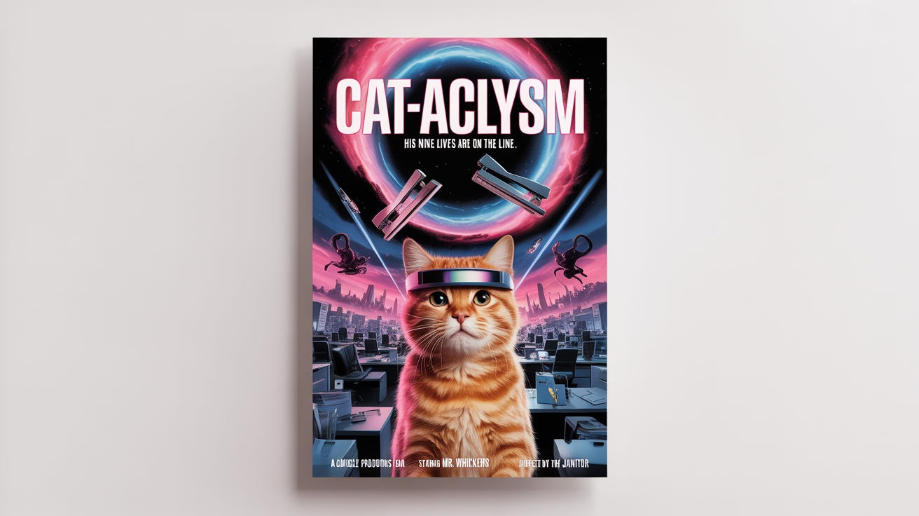 A movie poster parody mockup titled 'CAT-ACLYSM', featuring a heroic-looking cat in a futuristic visor against a backdrop of an office supply battle. The poster is in a vintage sci-fi style.