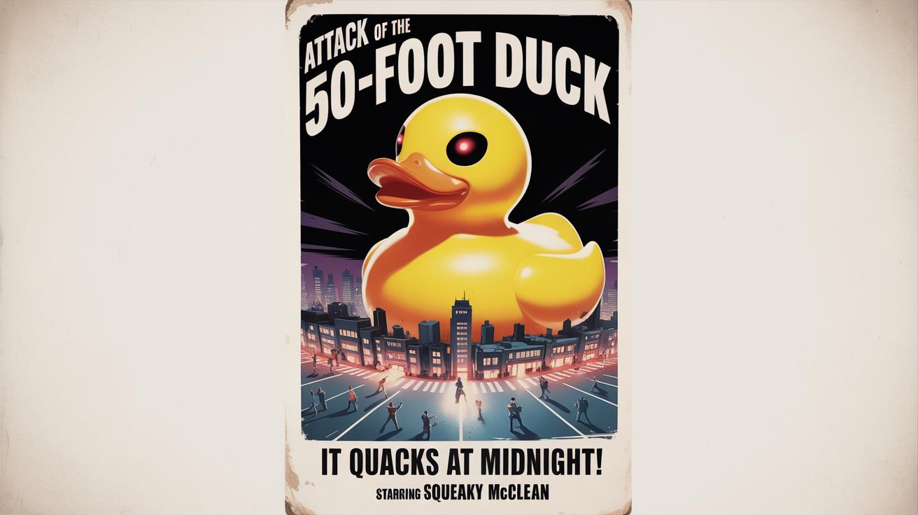 A humorous parody movie poster for a fake film titled 'Attack of the 50-Foot Duck,' depicting a giant, evil-looking rubber duck attacking a city, in a vintage 1950s B-movie style.
