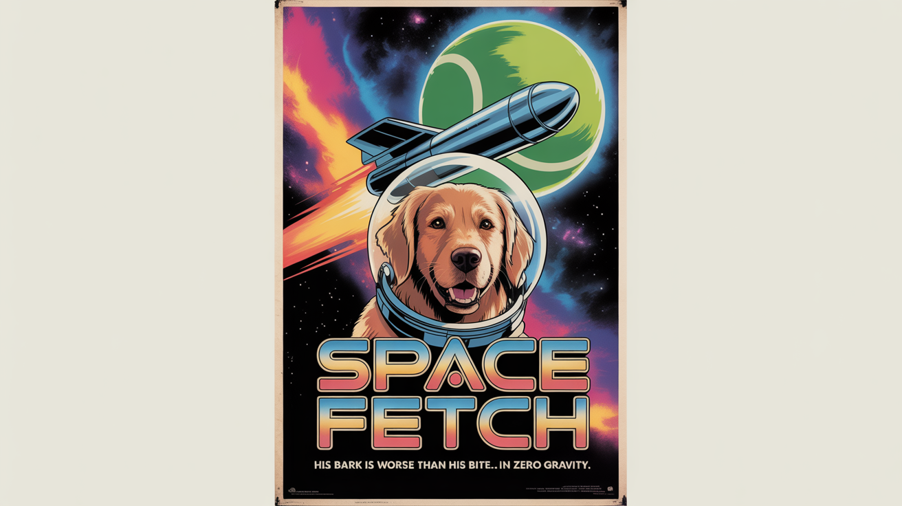 A movie poster parody for a film called 'SPACE FETCH', featuring a heroic golden retriever in a space helmet against a nebula backdrop. The poster is displayed as a mockup on a white background.