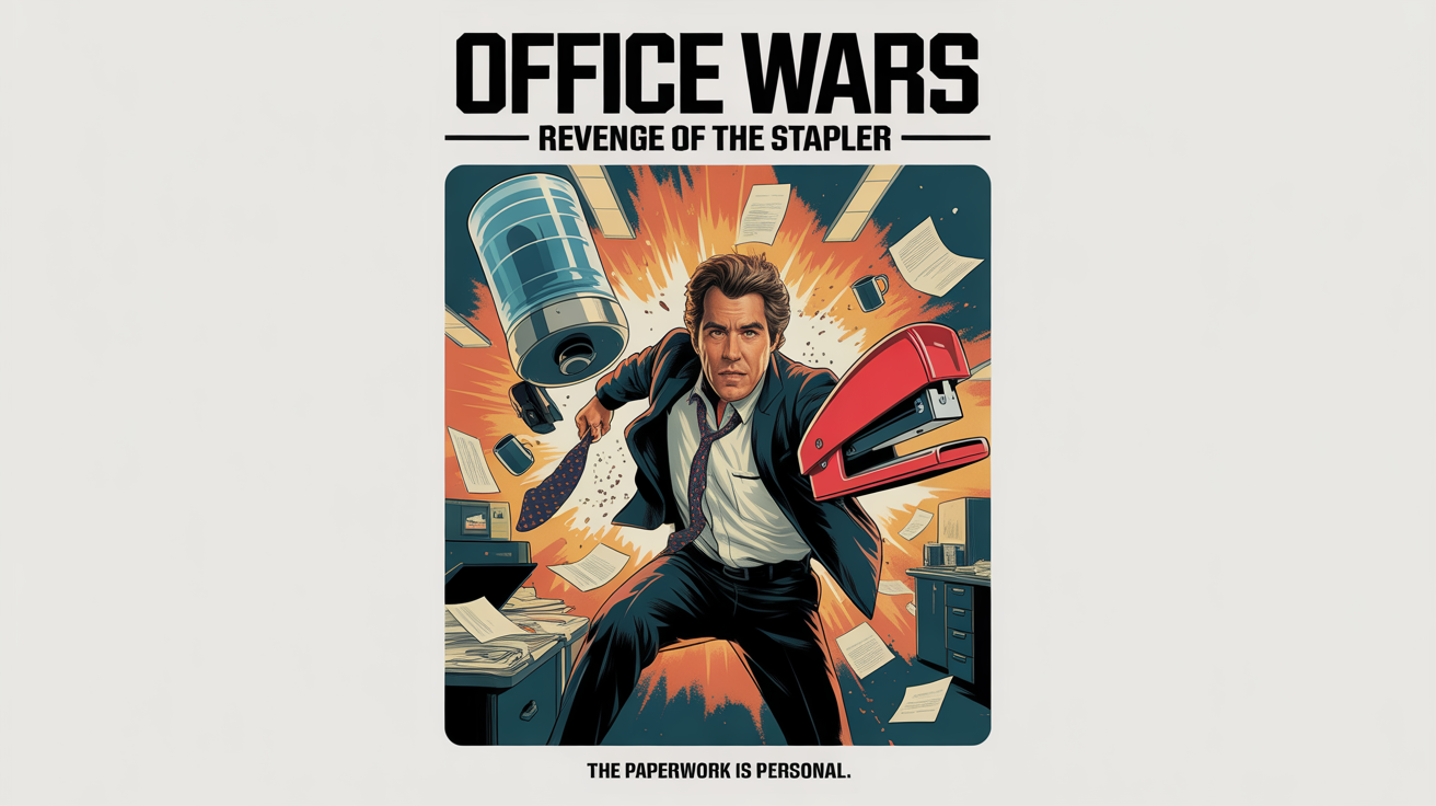 A movie poster parody titled 'OFFICE WARS: Revenge of the Stapler,' featuring an office worker as an action hero holding a stapler, set against a chaotic office background. The mockup is on a white background.