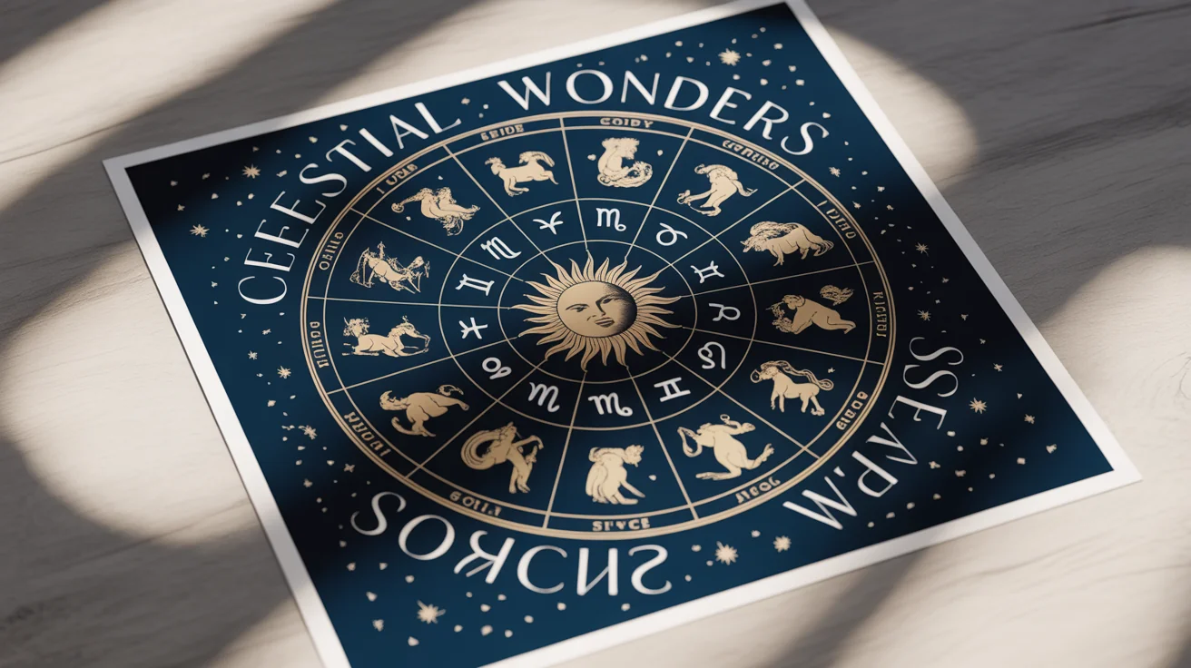 A luxurious art print of a zodiac wheel featuring all twelve astrological signs illustrated in detailed gold foil on a dark blue, starry background, with the text 'Celestial Wonders' above.