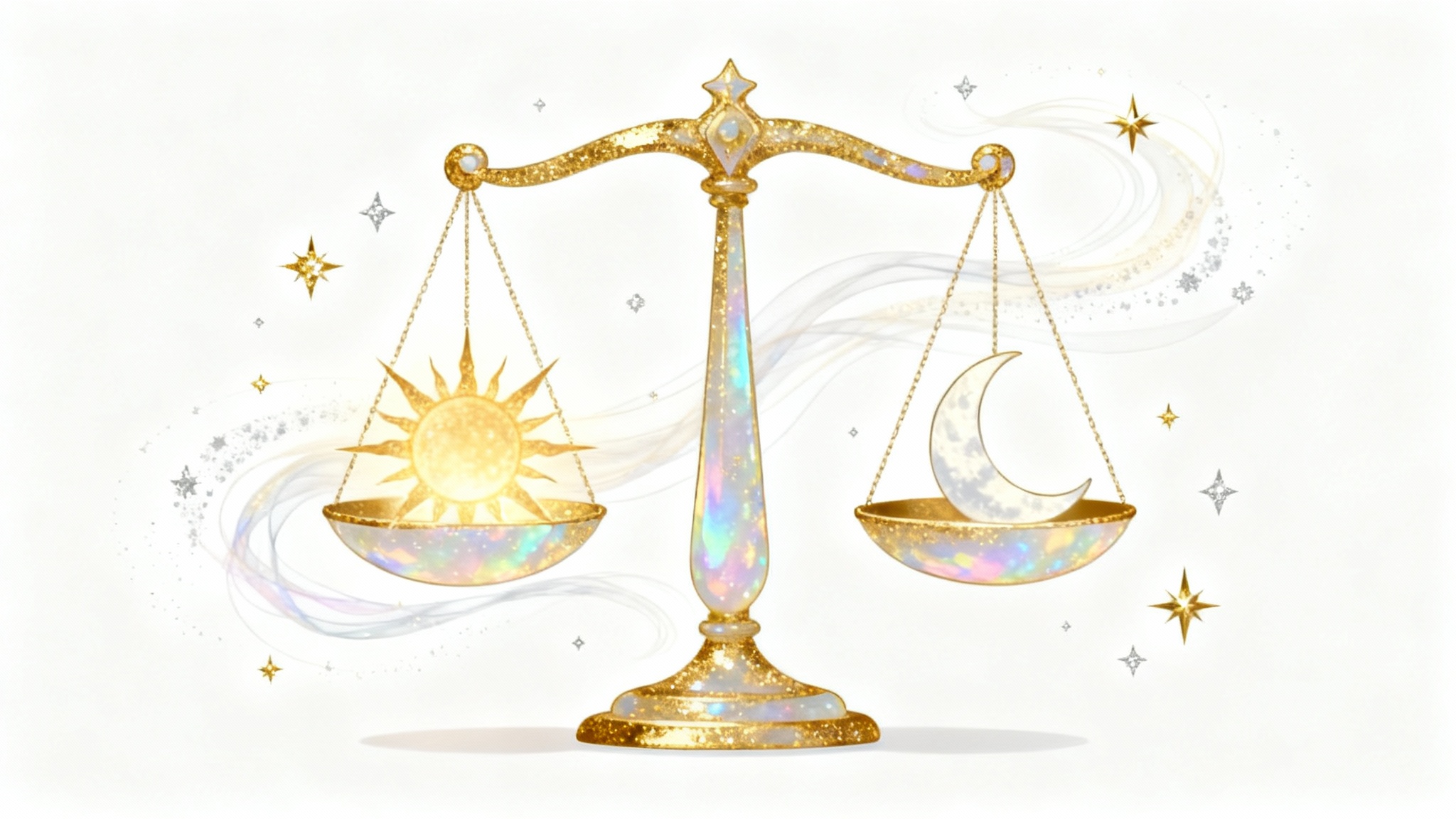 An elegant zodiac design of the Libra scales, crafted from gold and opalescent material, balancing a sun and a moon against a clean white background.