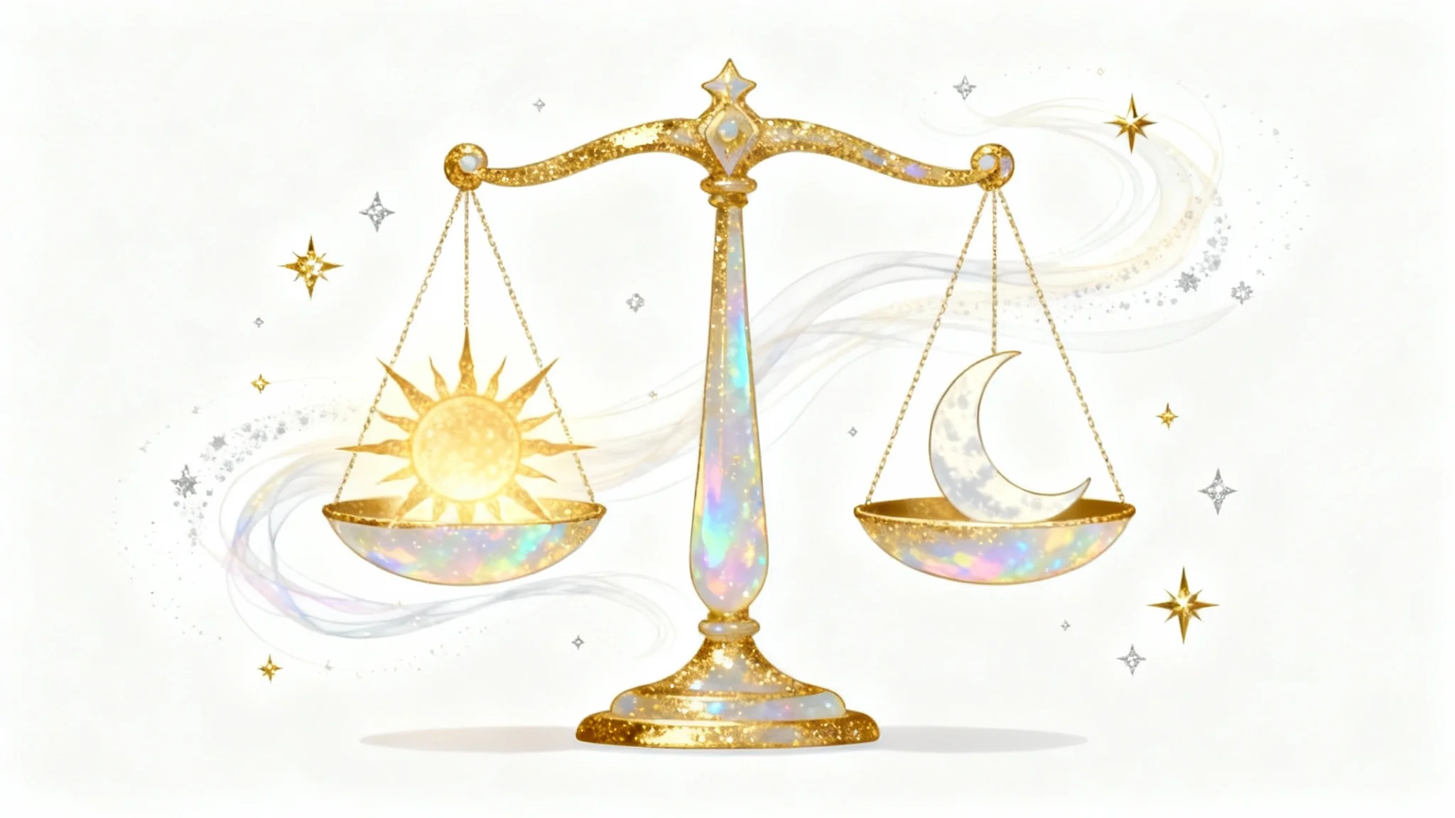 An elegant zodiac design of the Libra scales, crafted from gold and opalescent material, balancing a sun and a moon against a clean white background.