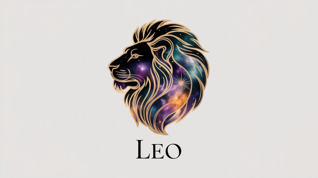 An elegant zodiac design for Leo, featuring a stylized golden lion's head against a watercolor background of purple and orange. The word 'LEO' is in gold text below. The mockup is on a white background.