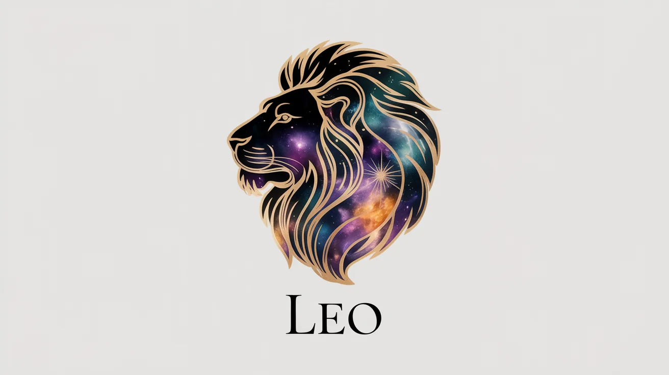 An elegant zodiac design for Leo, featuring a stylized golden lion's head against a watercolor background of purple and orange. The word 'LEO' is in gold text below. The mockup is on a white background.